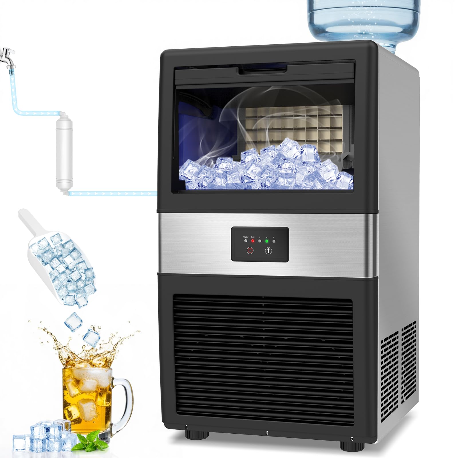 Commercial Ice Maker Machine 80LBS/24H with 18LBS Storage Bin - Stainless Steel Under Counter Large Ice Cube Maker - 2 Water Inlet Modes - Freestanding/Built-in Design for Bars, Restaurants, Home & Office Use - Perfect for Cocktails, Beverages & Commercial Kitchens