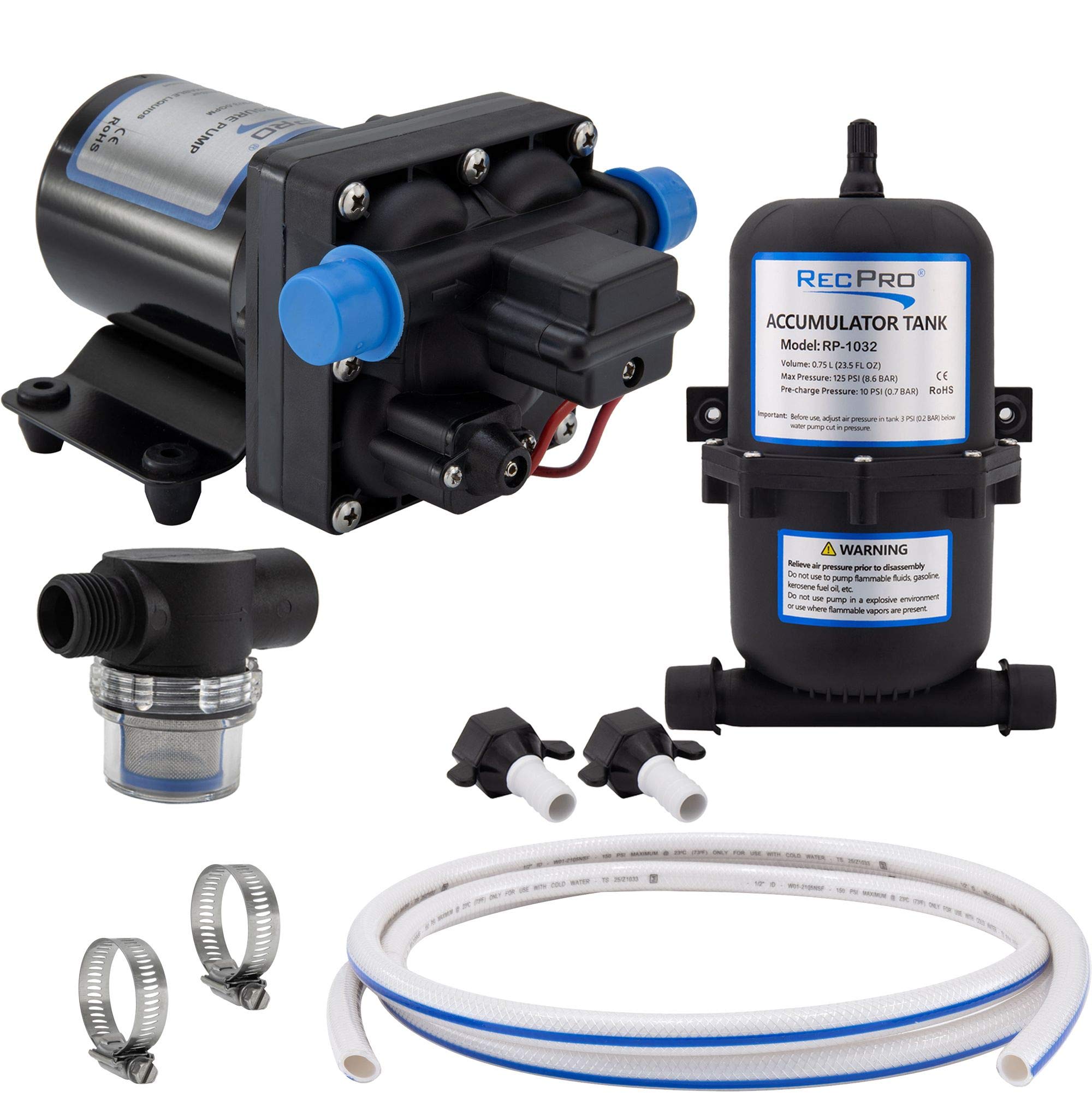 RecPro RV Water Pump - 12V Electric 4 Chamber RV Water Pump with Pressure Switch & Bypass - 45 PSI, 8.0AMP, 3.0 GPM/11.6 LPM - Self Priming Accumulator Pump Kit for RV, Camper, Boat & Off-Grid Water Systems