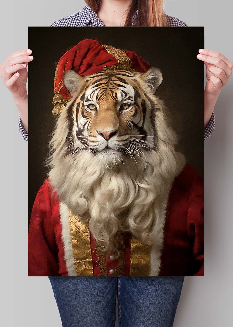 Christmas Tiger Animal Portrait Print - Festive Holiday Wall Art Decor for Home, Office & Gifts