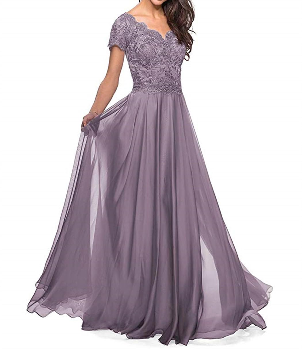 Elegant Lace Appliques Mother of The Bride Dresses - Long Chiffon A-Line Short Sleeves Wedding Party Gowns for Women | Perfect for Formal Weddings, Bridal Showers & Special Occasions
