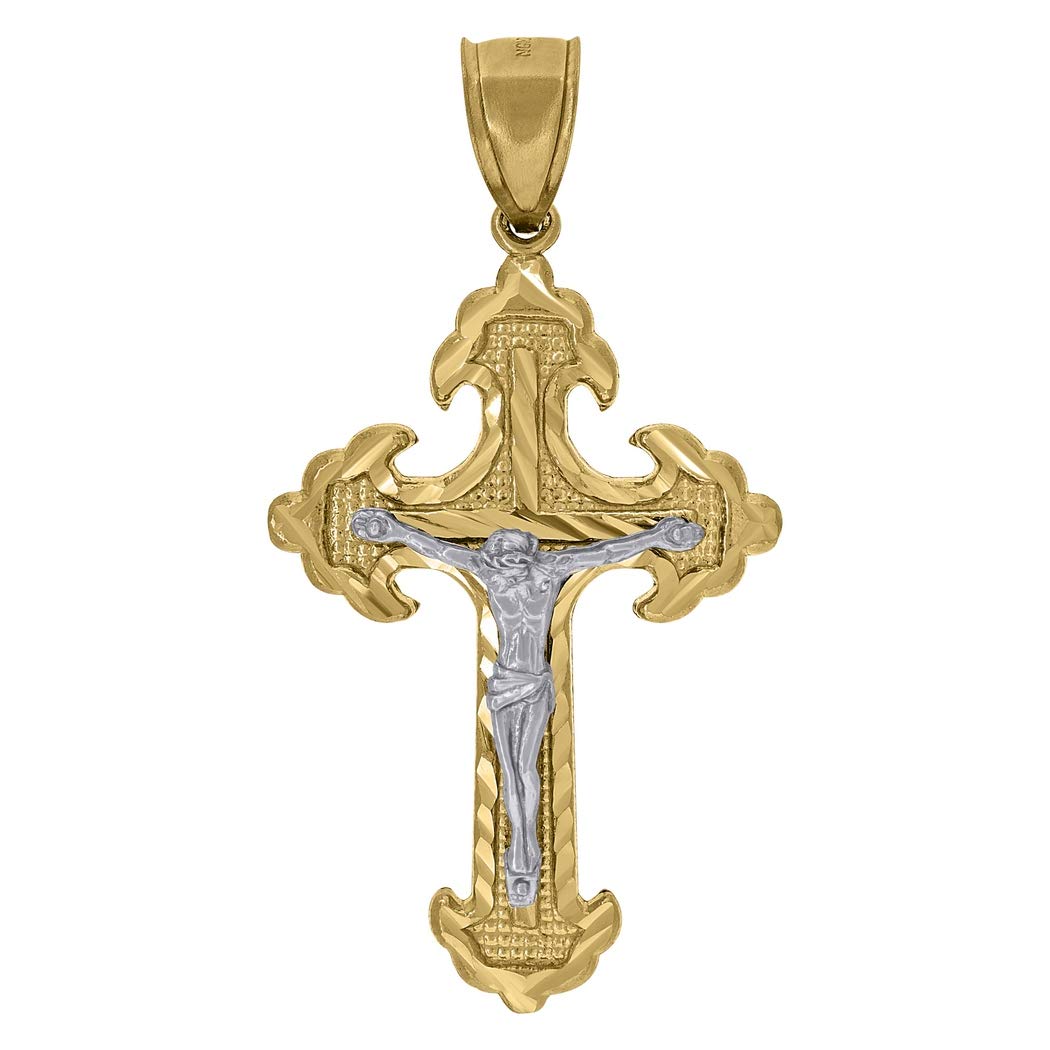 10K Two-Tone Gold Sparkle Cut Crucifix Cross Pendant Necklace for Men & Women - 53.8x28.0mm Religious Jewelry Gift - Perfect for Church, Weddings & Everyday Faith-Based Fashion