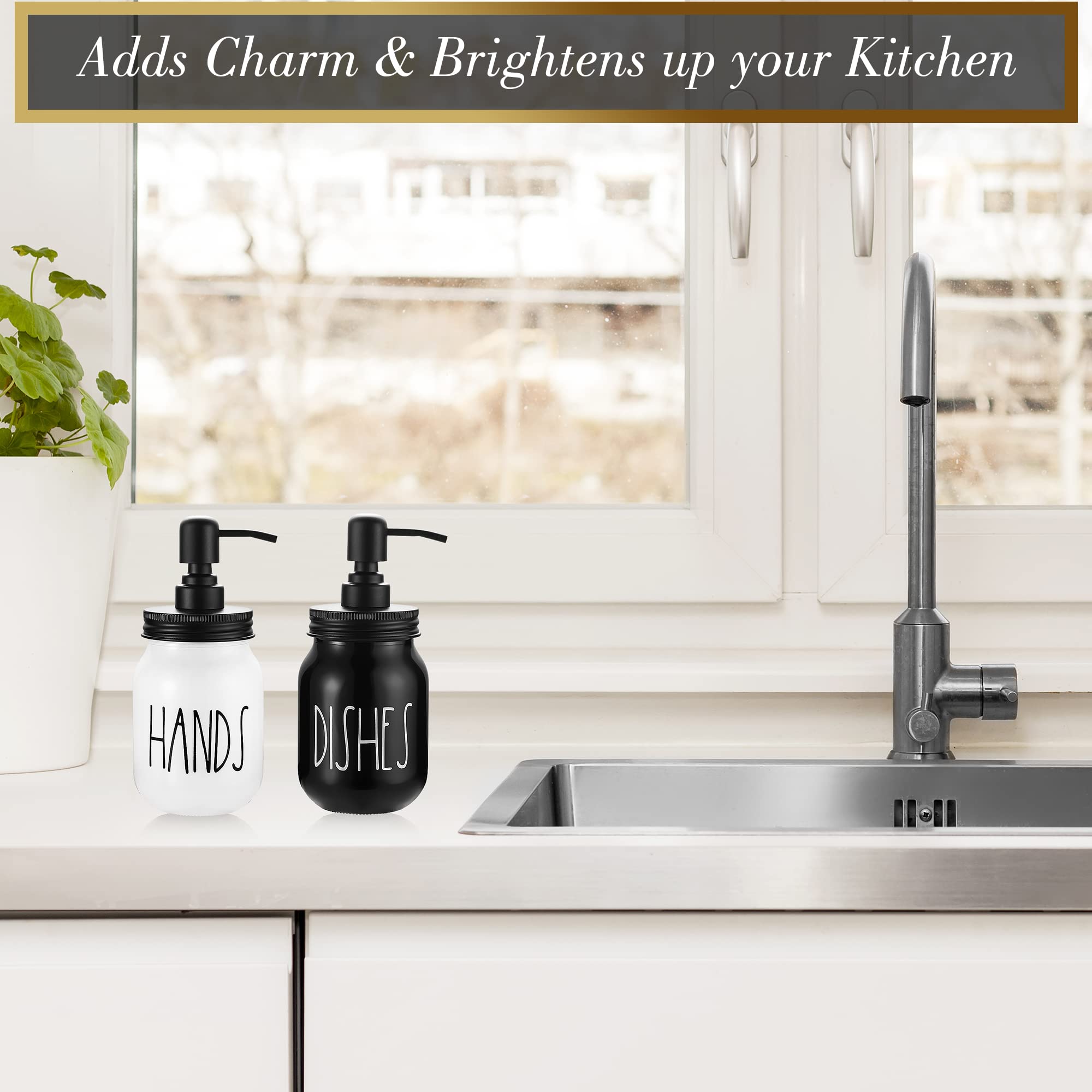 Brighter Barns Mason Jar Soap Dispenser Set - Farmhouse Kitchen Decor in Black/White - Glass Hand & Dish Soap Dispenser for Kitchen Sink - Perfect for Rustic and Modern Home Kitchens