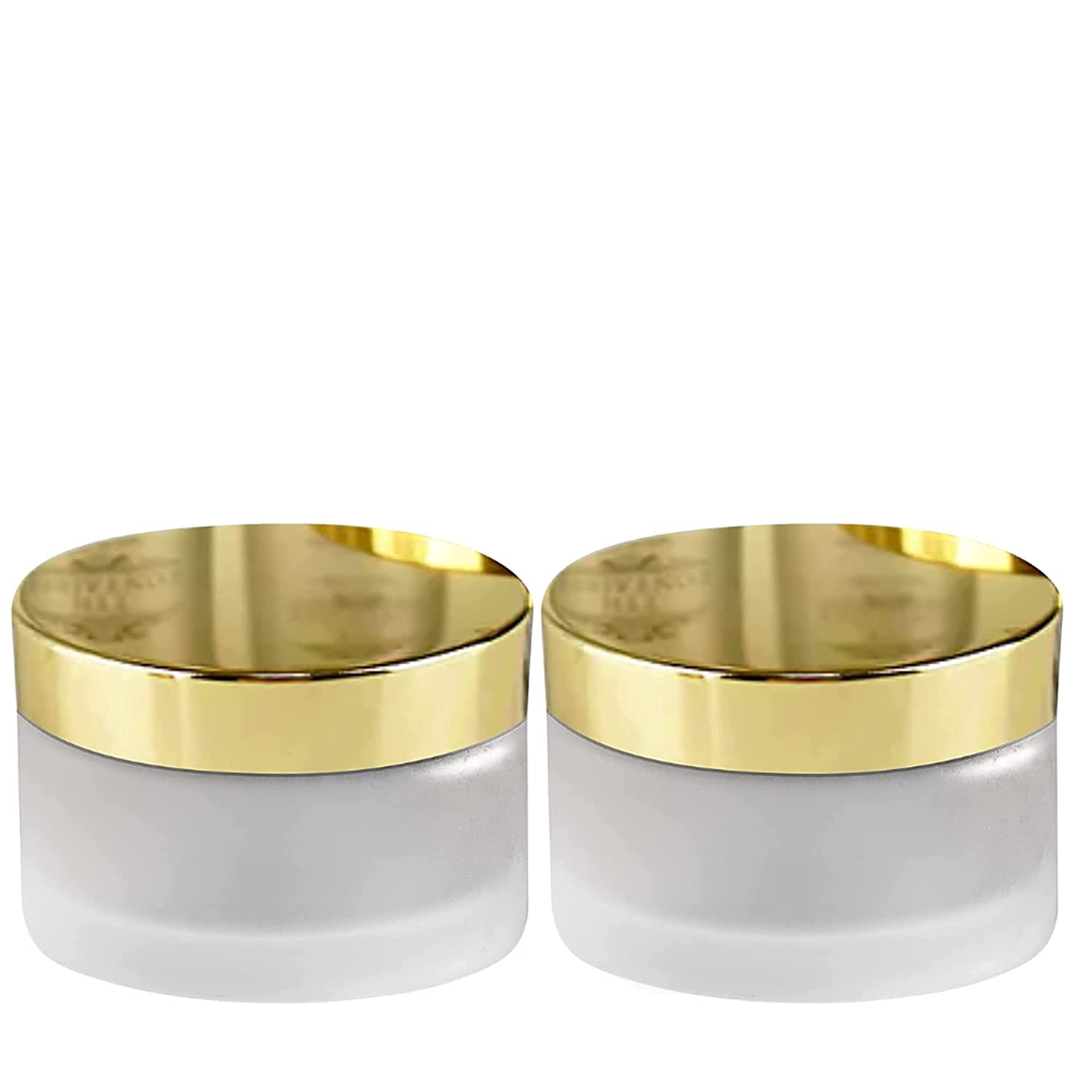 DINEMART 2-Pack 50g Frosted Glass Jars with Golden Caps & White Inner Lids - 100% Leak Proof Refillable Empty Cosmetic Containers for Creams, Lip Balm, DIY Skincare, Beeswax, Beauty Products | Perfect for Home Organizing, Travel & Gift Packaging