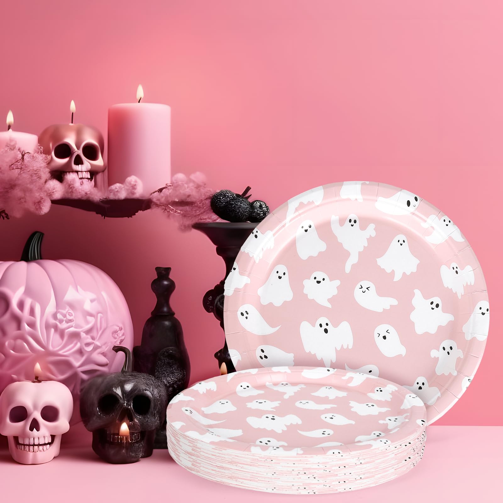 Whaline 40Pcs Halloween Paper Plates - 9 Inch Pink Ghost Disposable Plates, Cute Cartoon Ghost Round Plates for Halloween Party, Birthday, Baby Shower, Table Decor & Party Supplies | Perfect for Spooky Decorations, Themed Events & Festive Gatherings