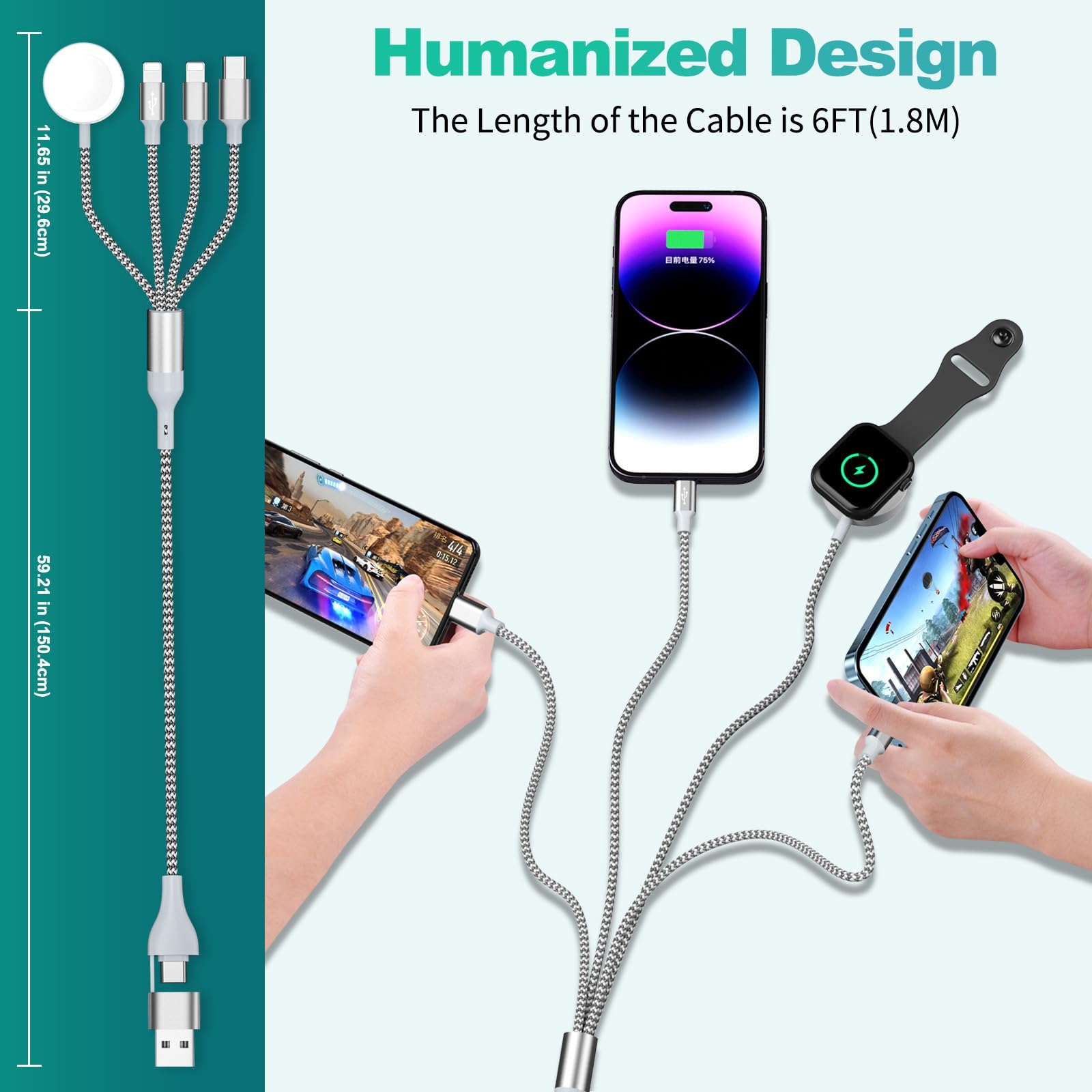 4-in-1 Magnetic Charging Cable for Apple Watch & iPhone - 6ft Nylon Braided Multi Charger with USB A/C Ports - Compatible with iPhone 15, Galaxy, Pixel - Perfect for Travel, Office & Home Charging