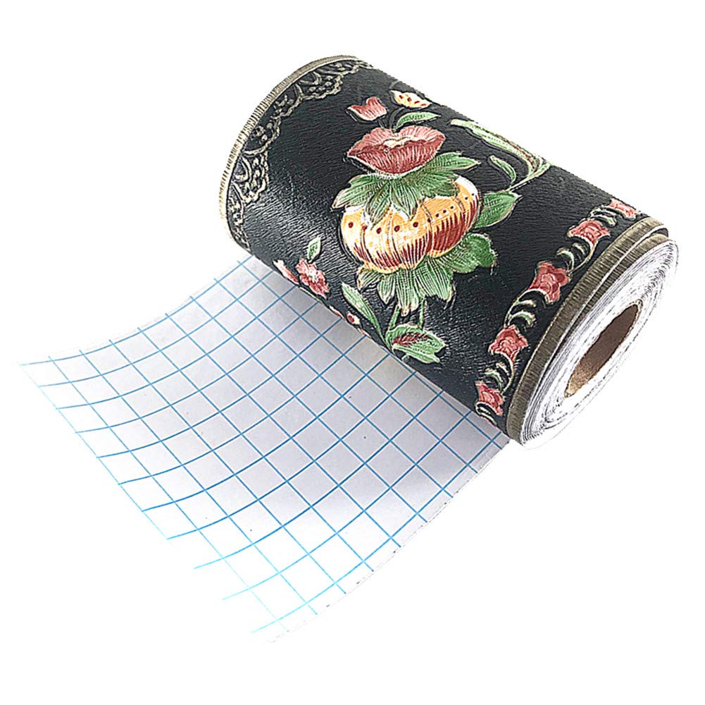 Self-Adhesive PVC Wallpaper Border - Lantern Flower Design for Bathroom & Kitchen Tile Decor (5 Meters, Black) | Waterproof Peel & Stick Wall Sticker for Home Renovation & DIY Projects