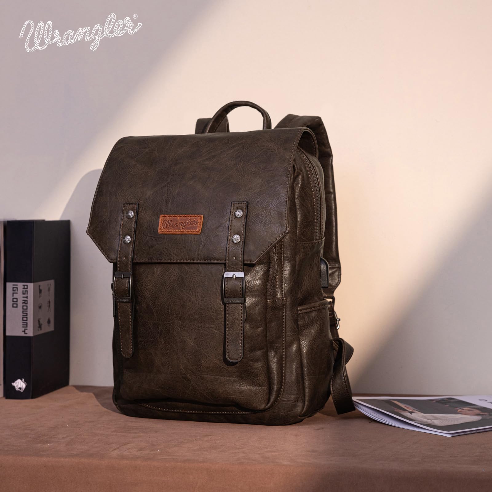 Wrangler Vegan Leather Laptop Backpack for Men & Women - Stylish Unisex Work & Travel Backpack - Perfect for Office, School & Commuting