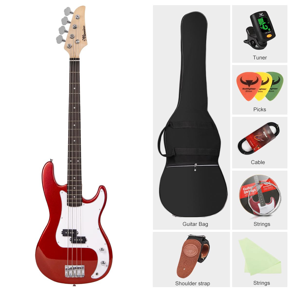 4-String Electric Bass Guitar Full Size PB-Style Beginner Kit with Gig Bag, Strap & Cable - Perfect for Beginners, Practice & Live Performances (Black/Red)