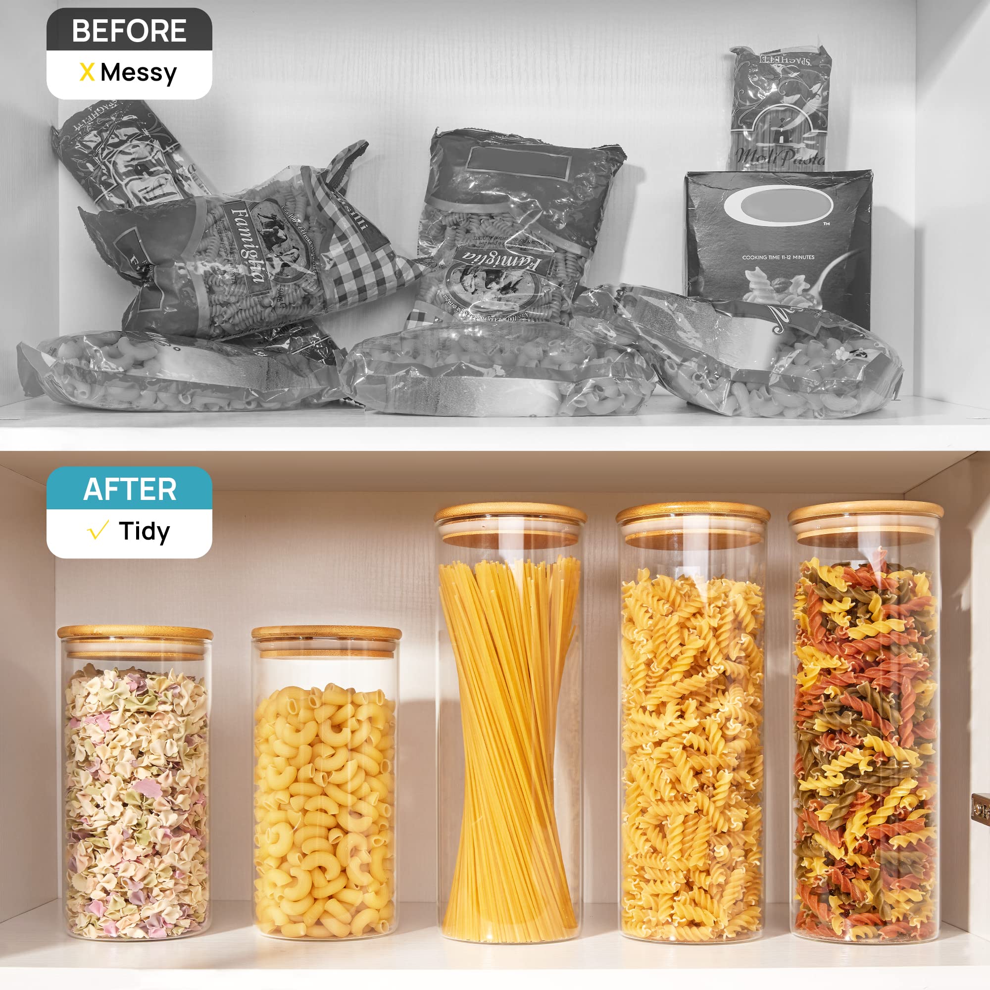 Vtopmart 70oz Glass Food Storage Containers with Airtight Bamboo Lids - 3 Pack Large Kitchen Jars for Pasta, Nuts, Flour, Cereal | BPA Free Pantry Organization Solution | Perfect for Meal Prep, Baking & Bulk Food Storage