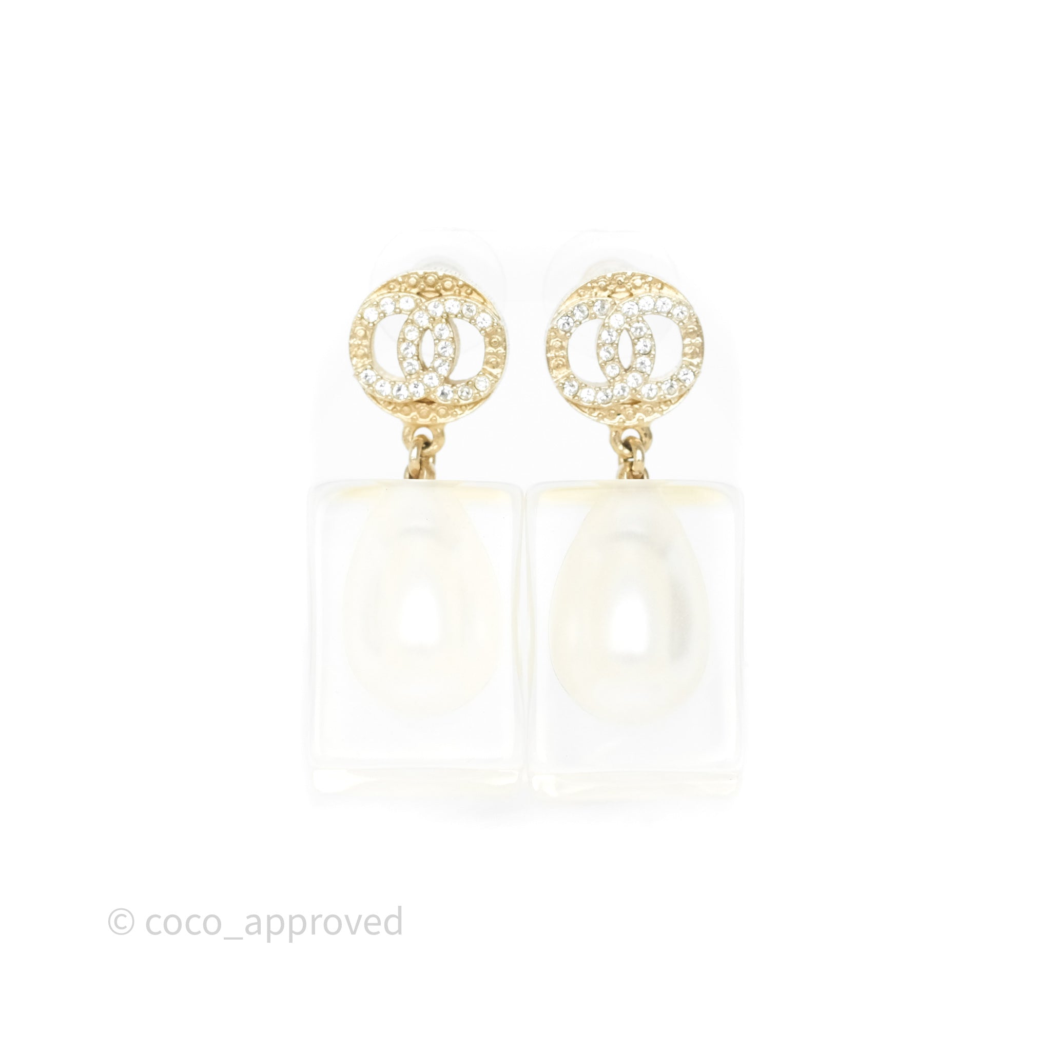 Chanel CC Crystals Pearl Resin Cube Drop Earrings 19K Gold - Luxury Fashion Jewelry for Women, Elegant Party & Wedding Accessories
