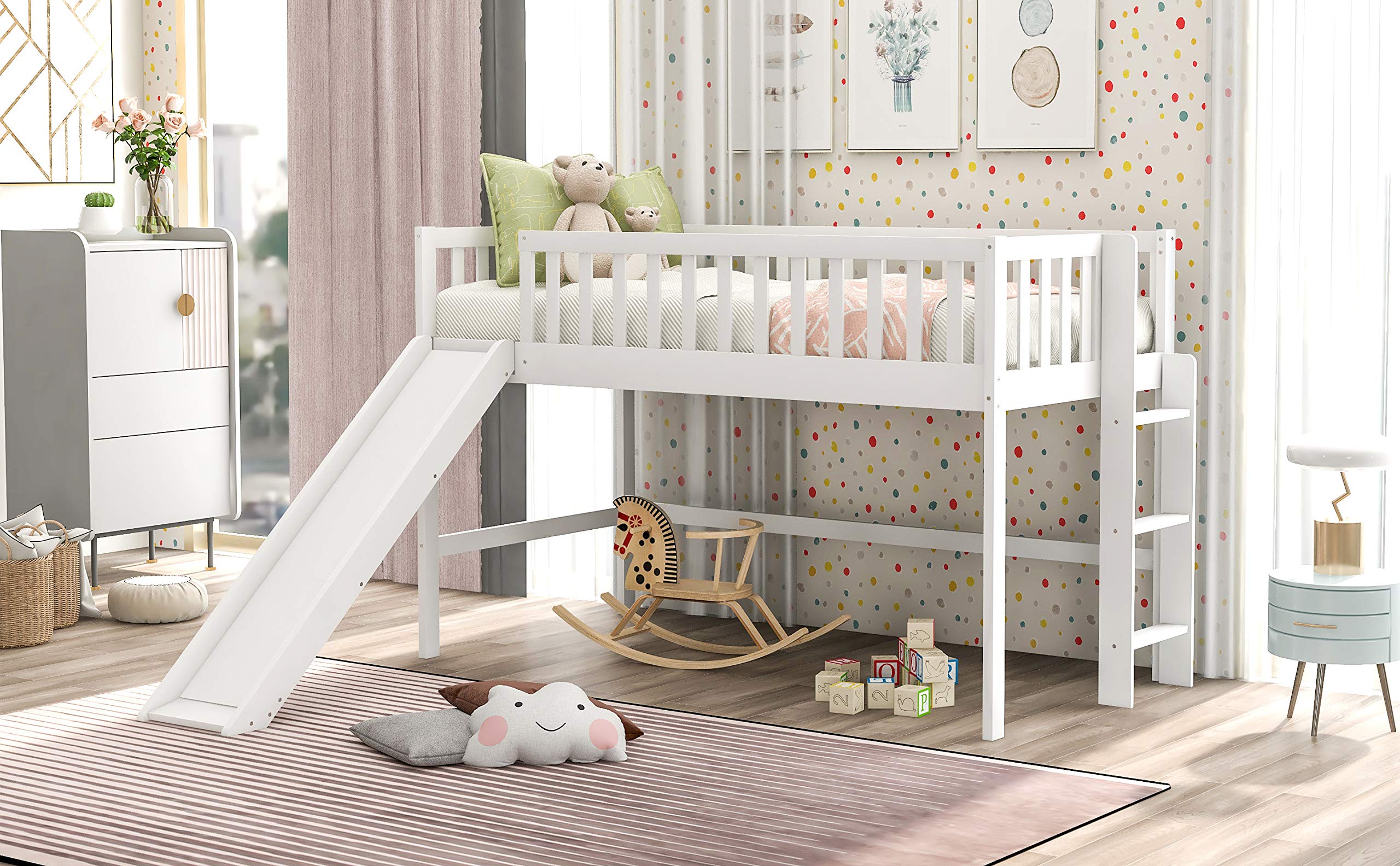 Harper & Bright Designs Twin Size Low Loft Bed with Ladder and Slide - Sturdy Wood Loft Bed for Kids & Toddlers, White - Perfect for Small Bedrooms, Playrooms & Kids' Sleepovers