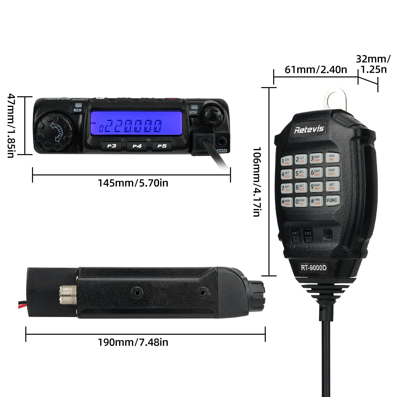 Retevis RT9000D Long Range Two Way Radio - 200 Channel Mobile Ham Radio with Chirp, DTMF & Voice Companding - Vehicle Travel & Emergency Communication (1 Pack)