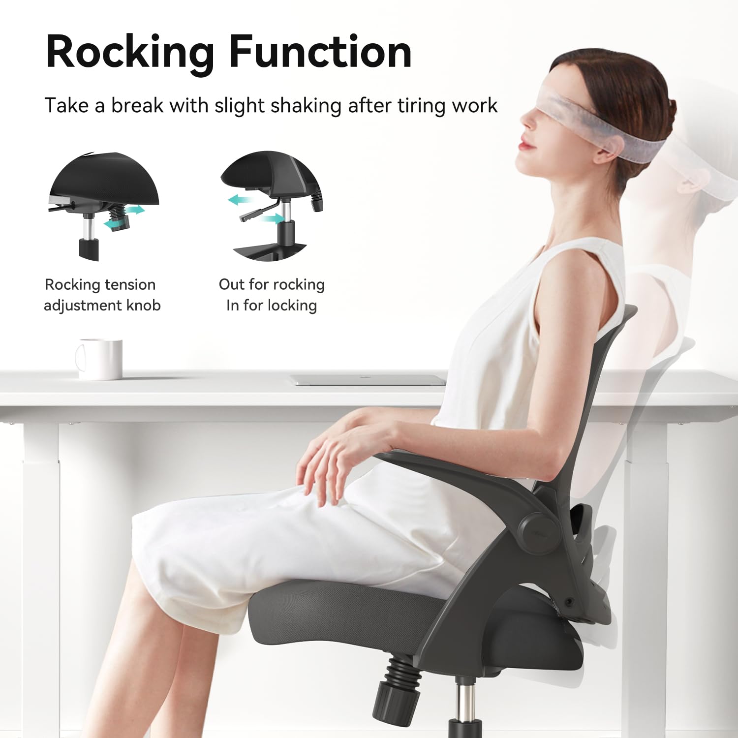 Hbada Ergonomic Office Chair with Flip-Up Armrests & Saddle Cushion - Adjustable Swivel Mesh Computer Desk Chair with S-Shaped Backrest, Black - Perfect for Home Office, Gaming & Workspace Comfort