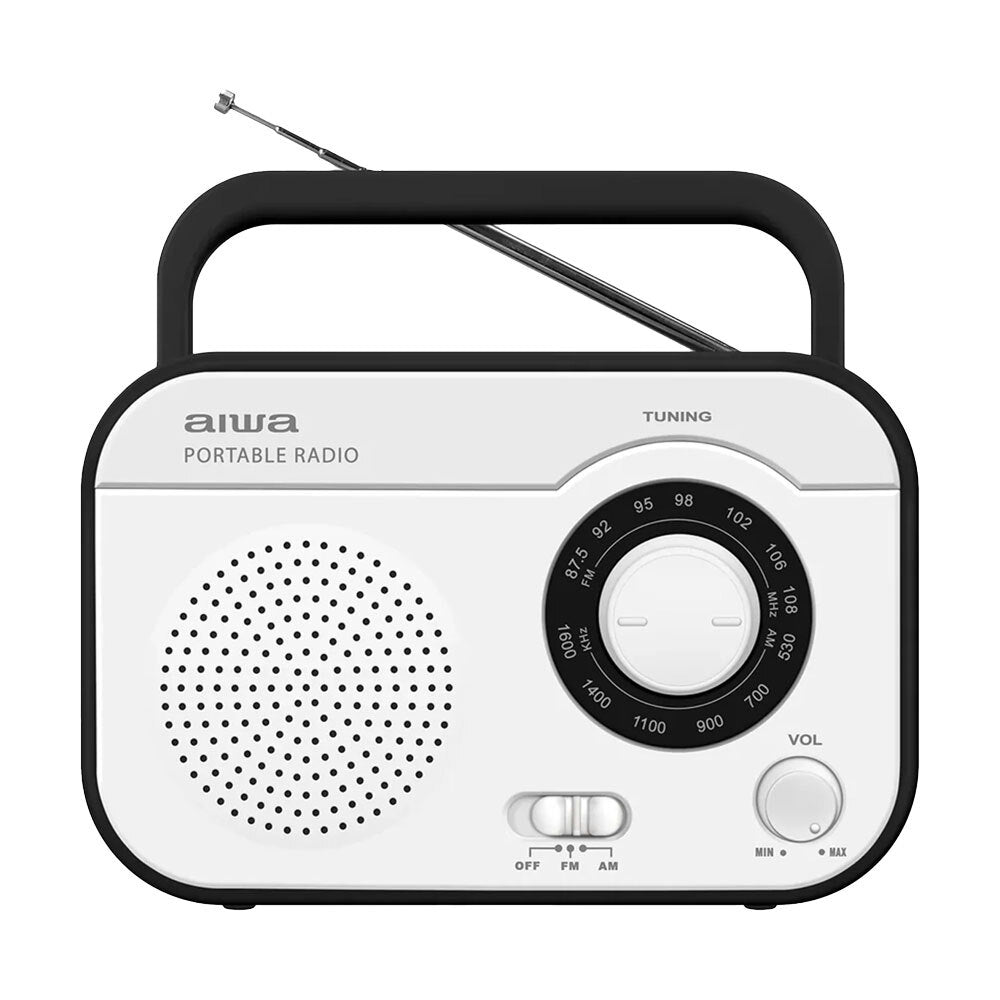Aiwa Portable Retro AM/FM Manual Tuning Battery Operated Radio - Vintage White Design for Home, Office, Camping & Emergency Use