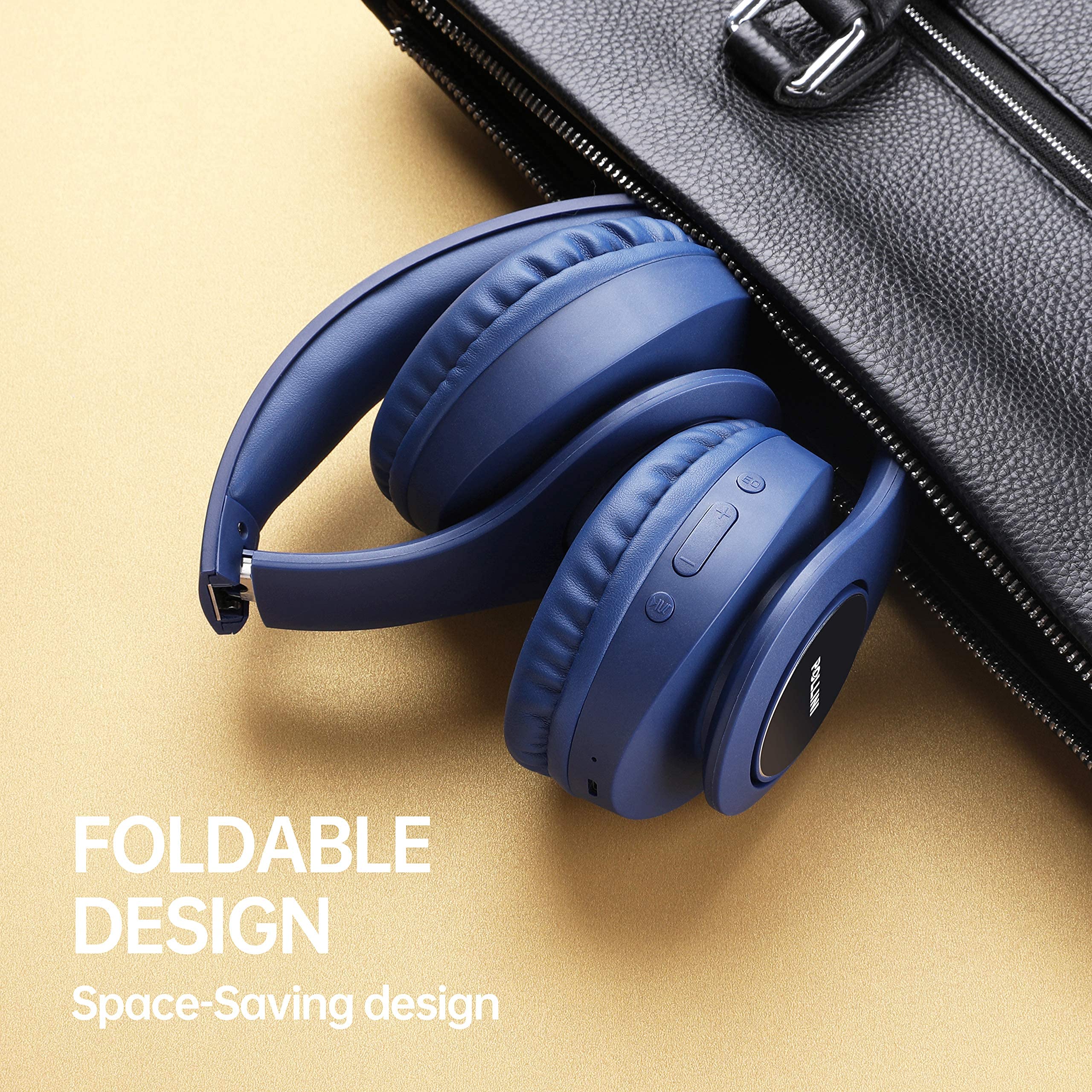 Pollini 40H Wireless Bluetooth Headphones - 40H Playtime, Foldable Over-Ear Headset with Mic, Deep Bass & Memory-Protein Earmuffs for Phone/PC - Perfect for Workouts, Commuting & Gaming (Dark Blue)