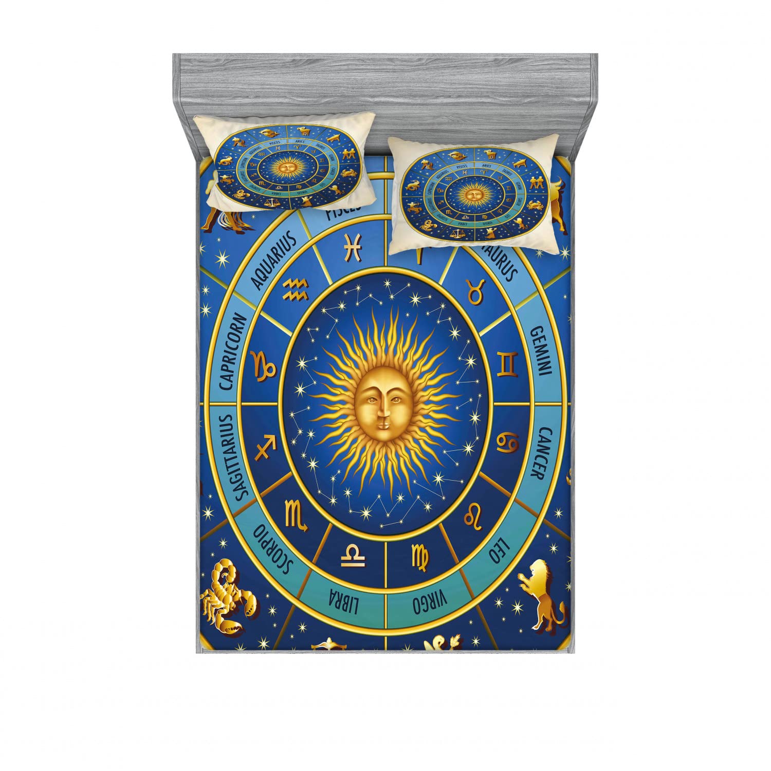 Ambesonne Astrology 2-Piece Queen Size Bedding Set - Zodiac Signs Fitted Sheet & Pillow Sham (Blue, Yellow, Cream) | 4-Pc Bedroom Decor for Star Sign Lovers | Perfect for Guest Rooms, Dorm Decor & Celestial Themed Bedrooms