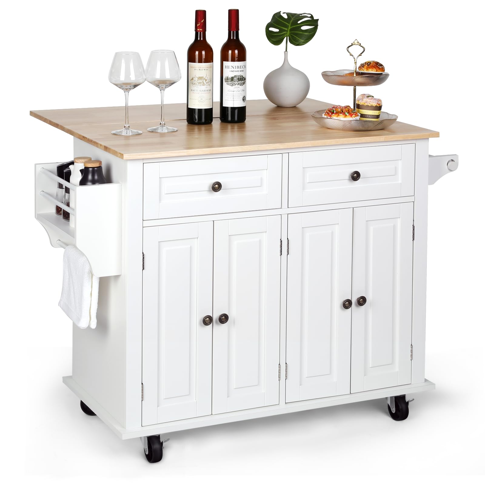 VOWNER 43 Inch White Kitchen Island with Drop Leaf & Storage - 29.5