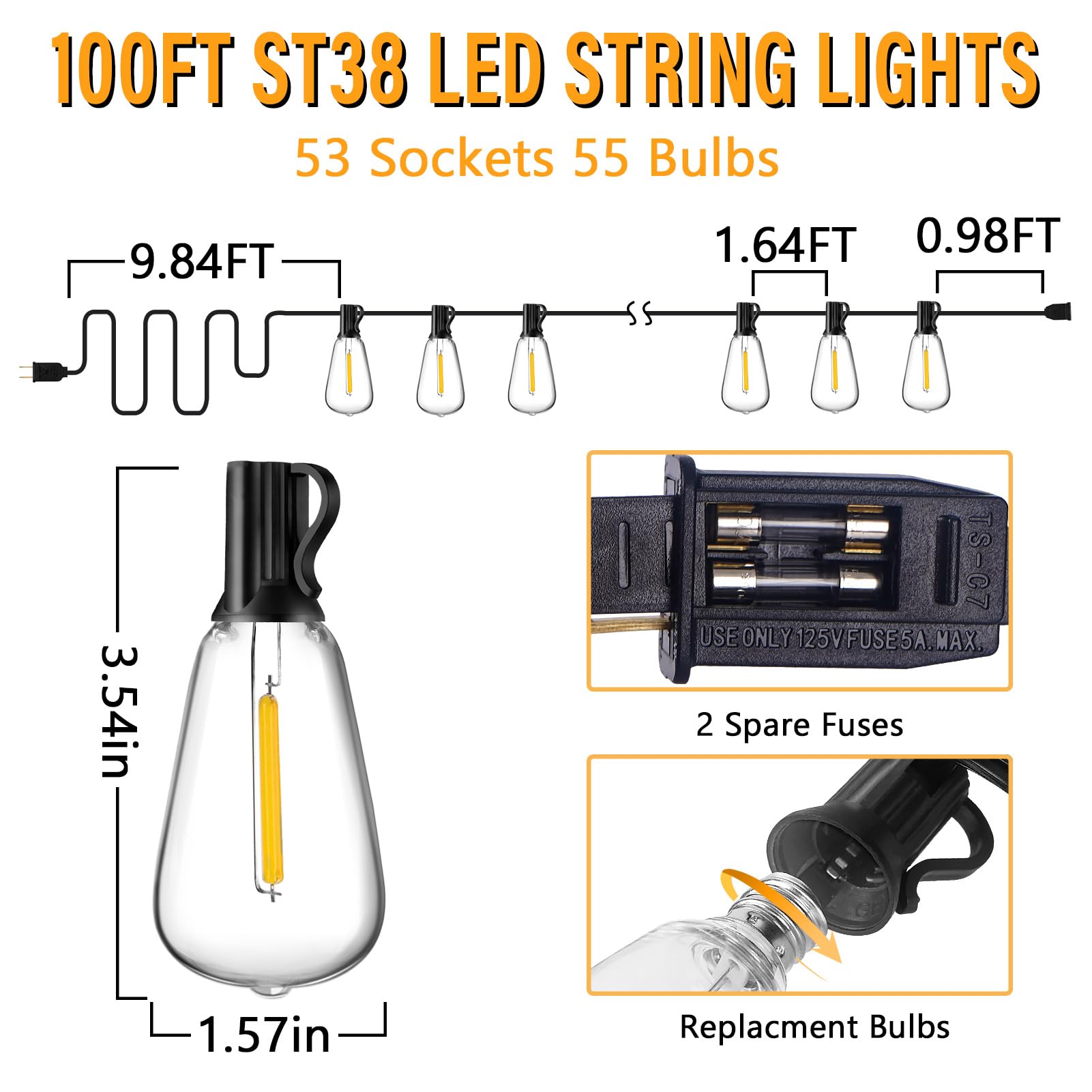 55-LED Shatterproof ST38 Bulbs Outdoor String Lights - 100FT Dimmable Waterproof Hanging Lights with Remote for Patio, Garden, Deck, Backyard & Balcony | Perfect for Parties, Weddings & Outdoor Dining