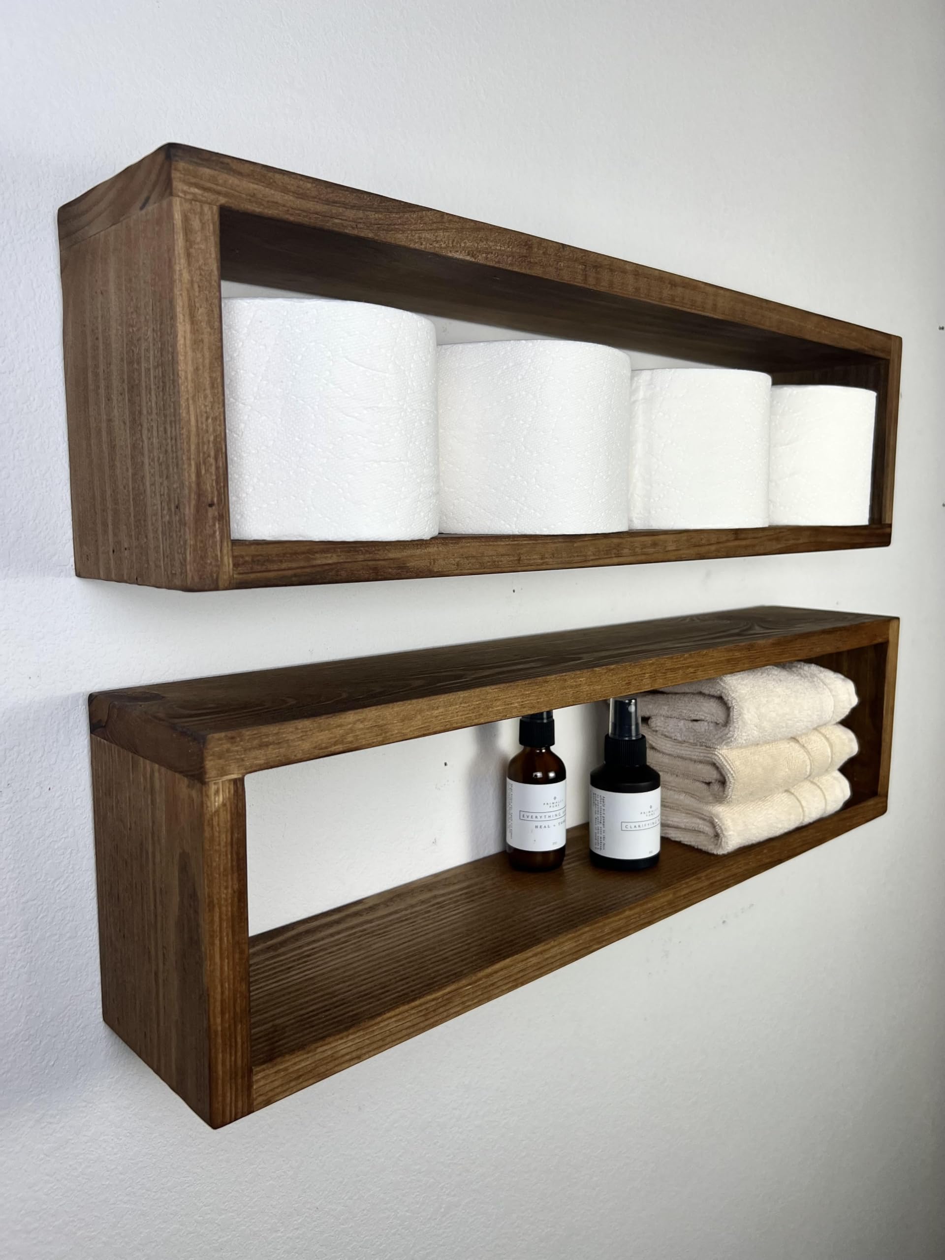 Set of 2 Floating Rectangle Shelves - Wall Mounted Bathroom & Kitchen Storage Organizer | Toilet Paper Holder & Spice Rack | Easy Installation | Walnut Finish | Perfect for Small Space Organization & Home Decor