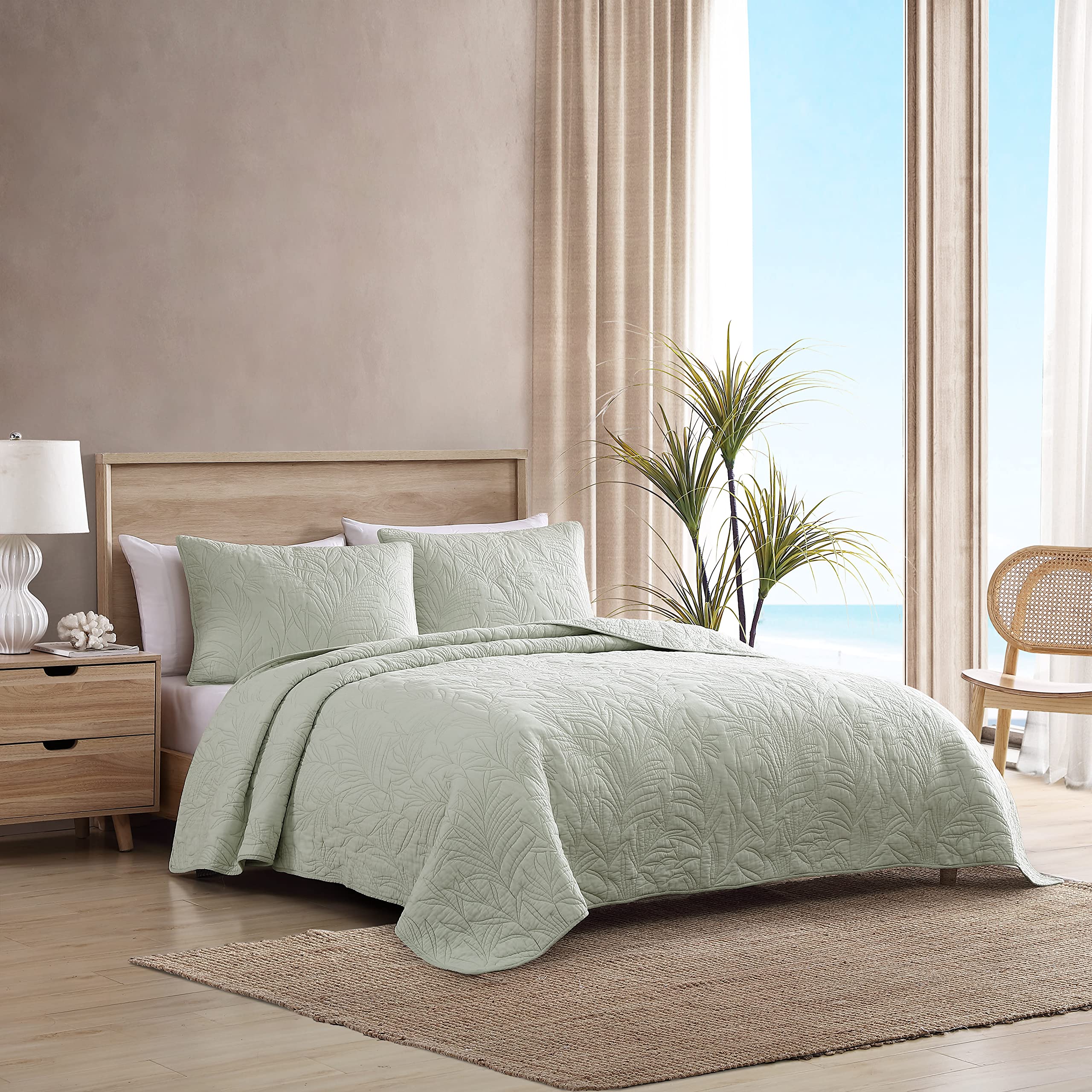 Tommy Bahama King Size Reversible Cotton Quilt - Pre-Washed for Softness, Costa Sera Green | Luxury Bedding for Master Bedroom & Guest Room Comfort
