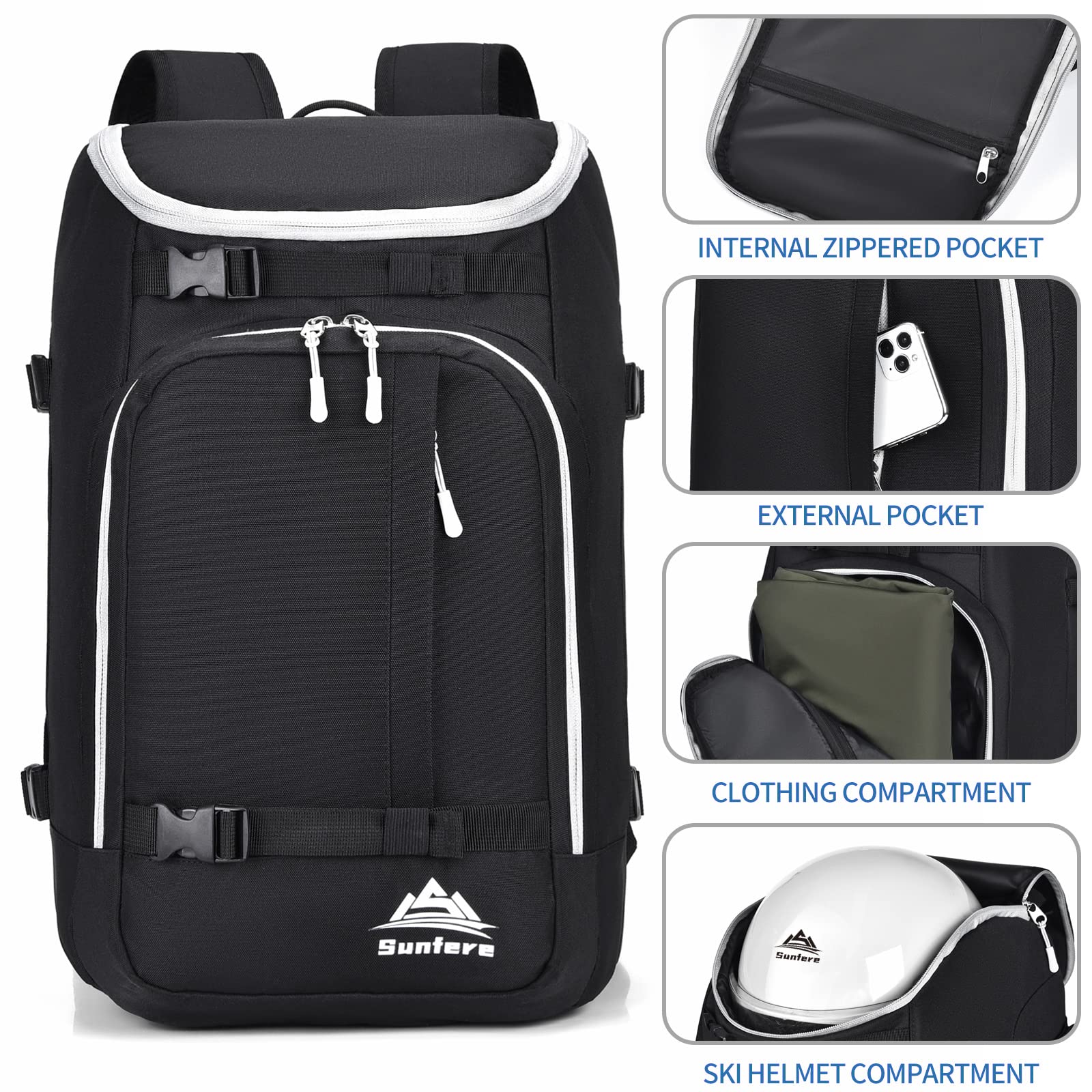 **Black 50L Waterproof Ski Boot Backpack Cooler - Travel Snowboard Luggage for Men & Youth - Fits Ski Helmet, Goggles & Gloves - Perfect for Ski Trips & Winter Sports Gear Storage**