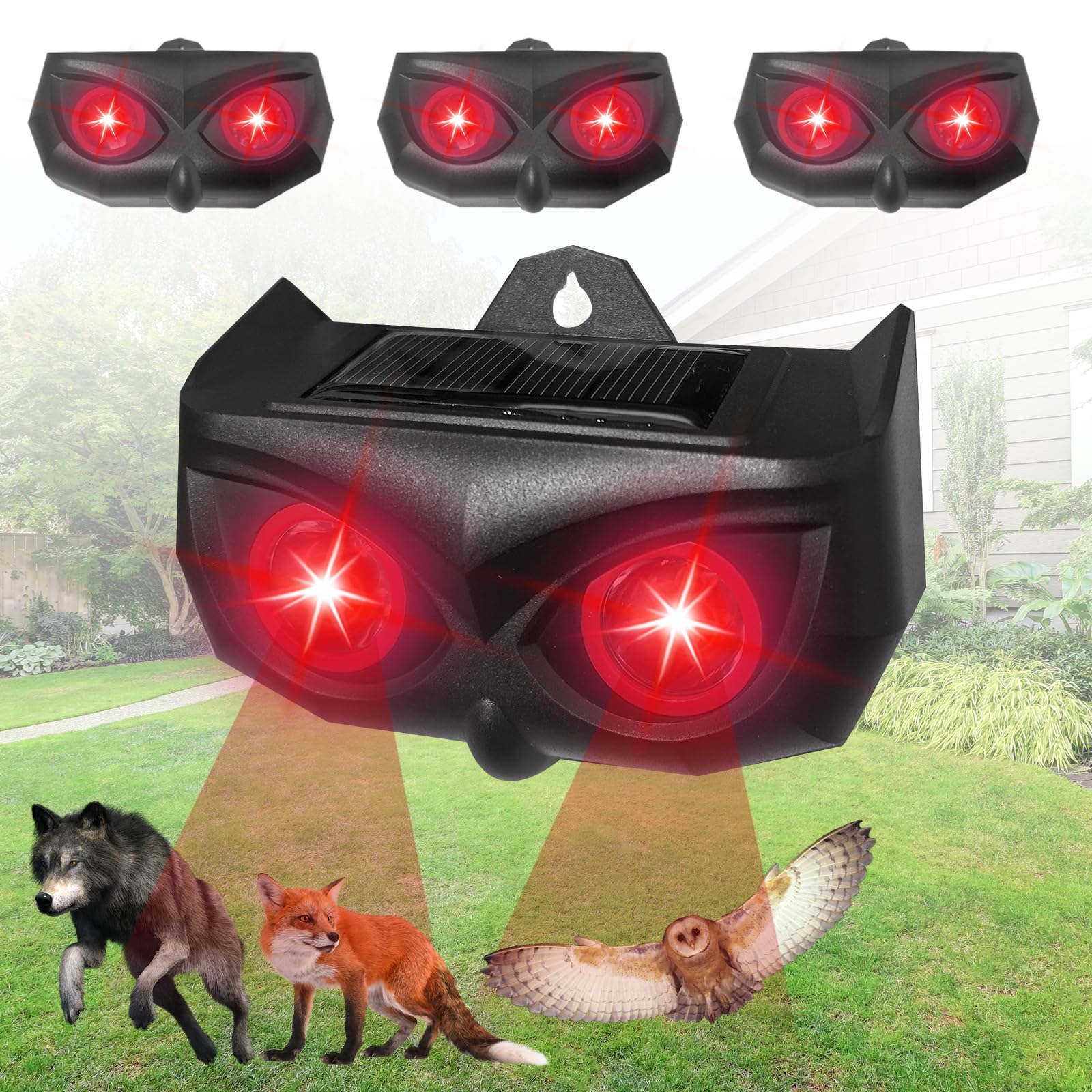 4 Pack Solar Powered Animal Repeller - Outdoor Pest Control Device with Motion Sensor & Night Lights for Chicken Coops, Farms, Gardens - Effective Against Coyotes, Foxes, Skunks, Raccoons (AR17SPro) | Protect Your Livestock & Crops from Nocturnal Pests