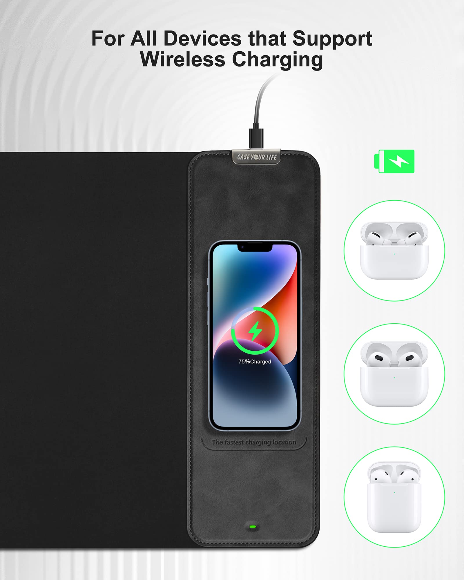 Wireless Charging Mouse Pad - Large Gaming Desk Mat with Non-Slip Base for Office & PC Gaming