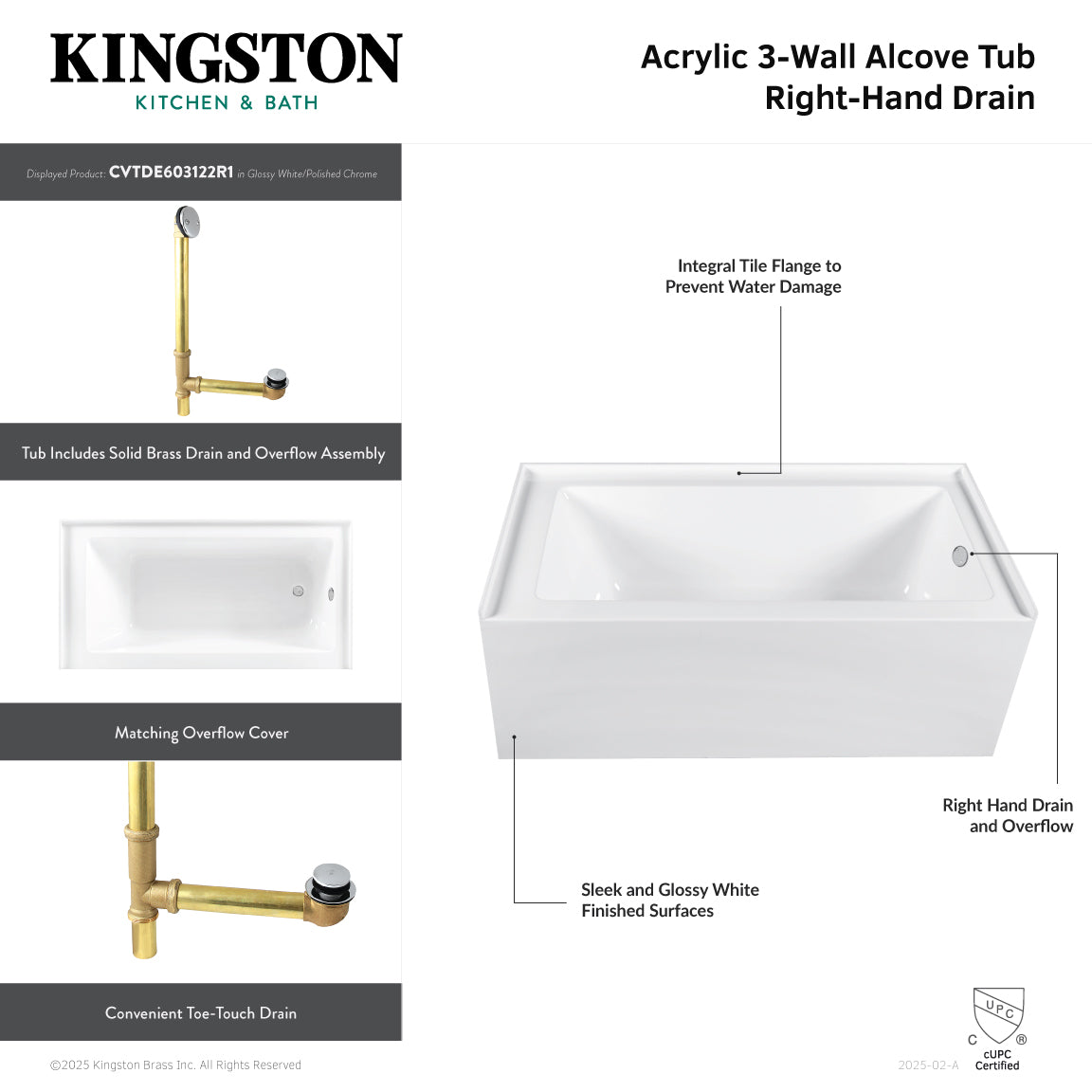 Aqua Eden 66 Inch Acrylic Rectangular 3 Wall Alcove Bathtub Combo with Waste & Overflow Drain - Right Hand Drain, Glossy White/Oil Rubbed Bronze - Perfect for Modern Bathroom Renovations and Spa-Like Retreats