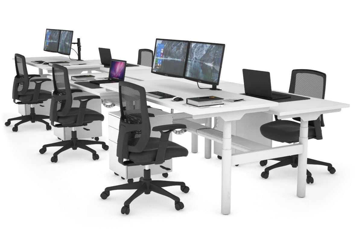 Flexi Premium Height Adjustable 6-Person H Bench Workstation - White Frame [1600L x 700W] - Ideal for Office, Coworking Spaces & Collaborative Work Environments
