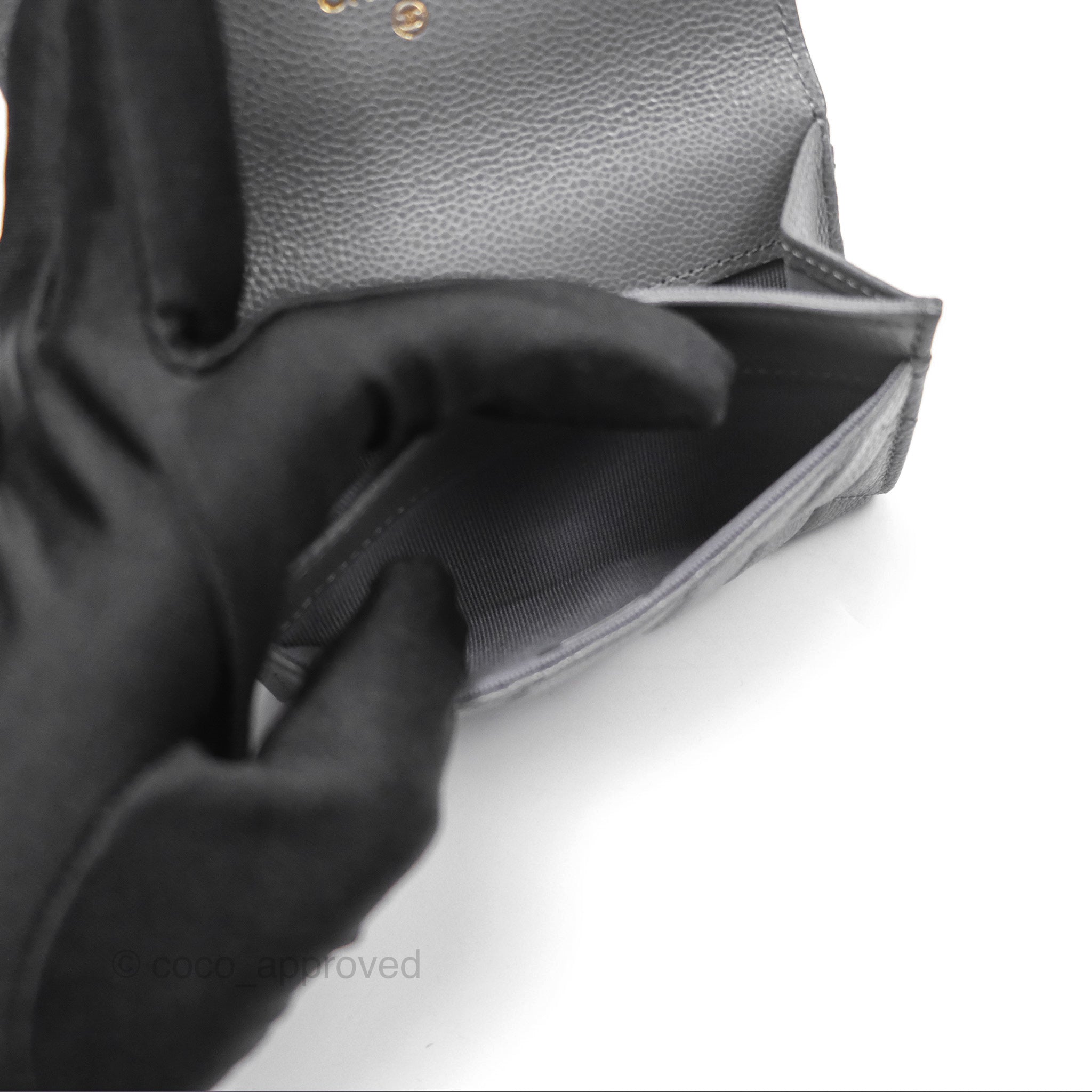Chanel Classic Flap Card Holder Wallet - Dark Grey Caviar Leather with Gold Hardware | Luxury Compact Wallet for Women, Perfect for Everyday Use & Travel