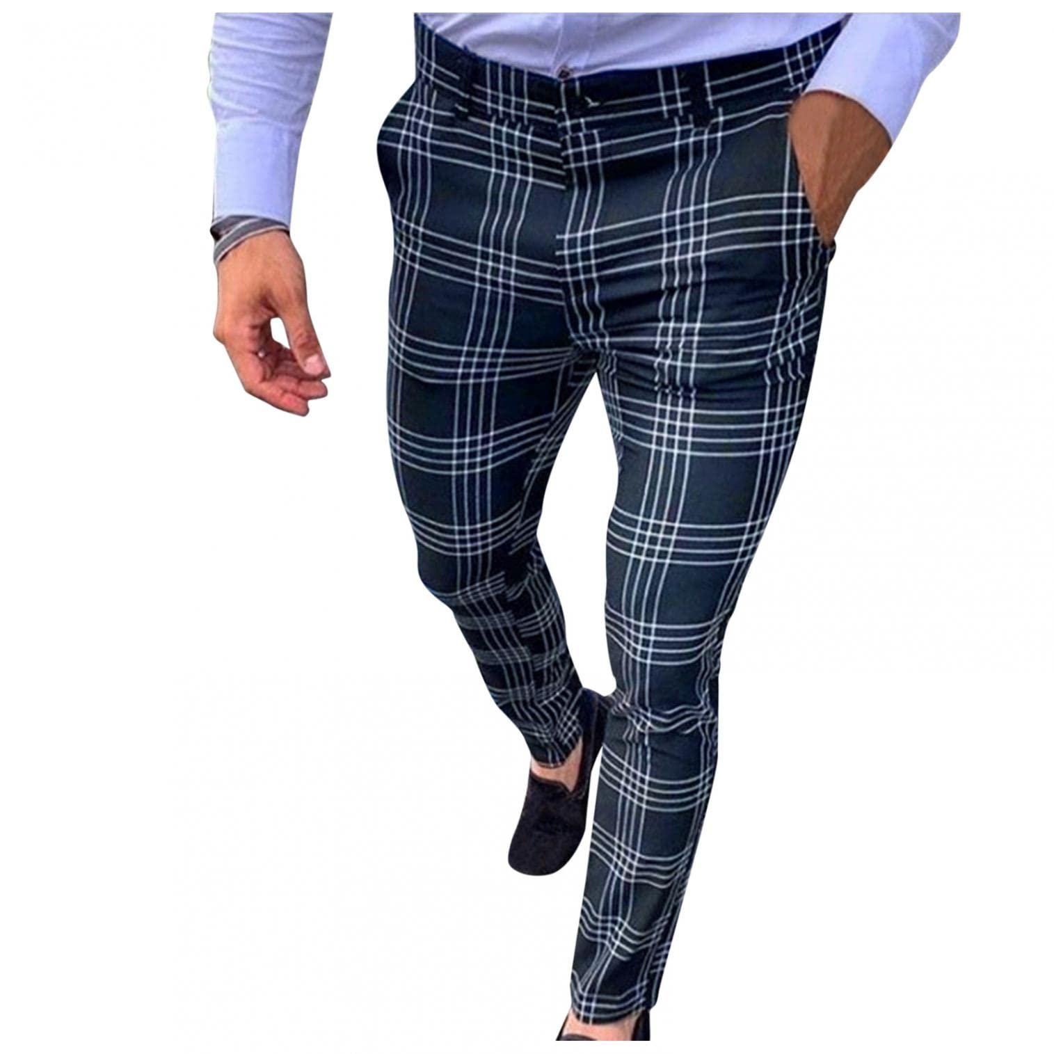 Men's Slim Fit Stretch Plaid Dress Pants - Business Casual & Golf Work Pants for Office, Travel & Outdoor Activities