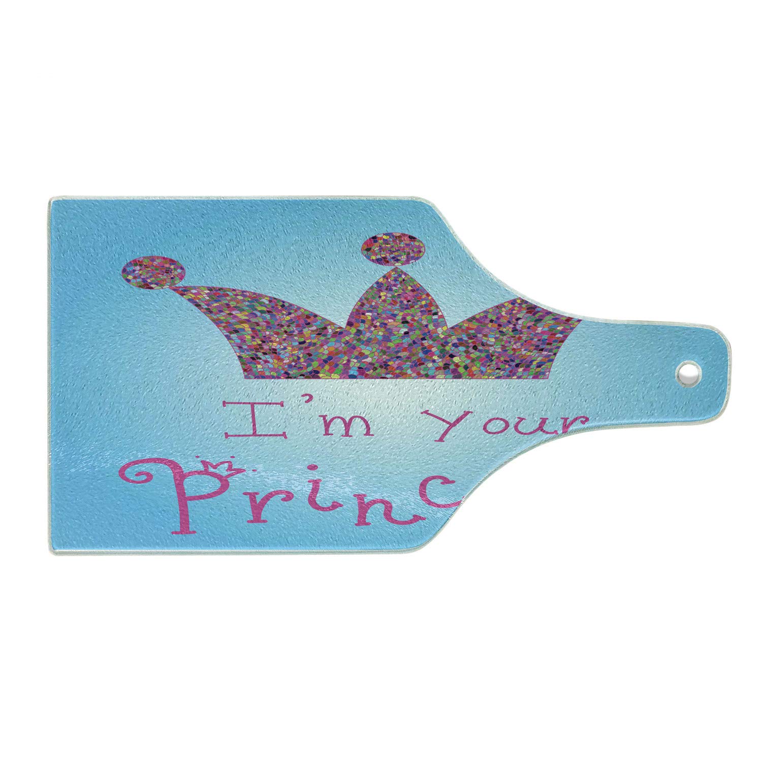 Ambesonne Romantic Couples Cartoon Cutting Board - Colorful Mosaic Glass Serving Board with Crown Tiara Design, Wine Bottle Shape in Pink & Blue - Perfect for Kitchen Decor, Charcuterie Serving, and Gift for Couples