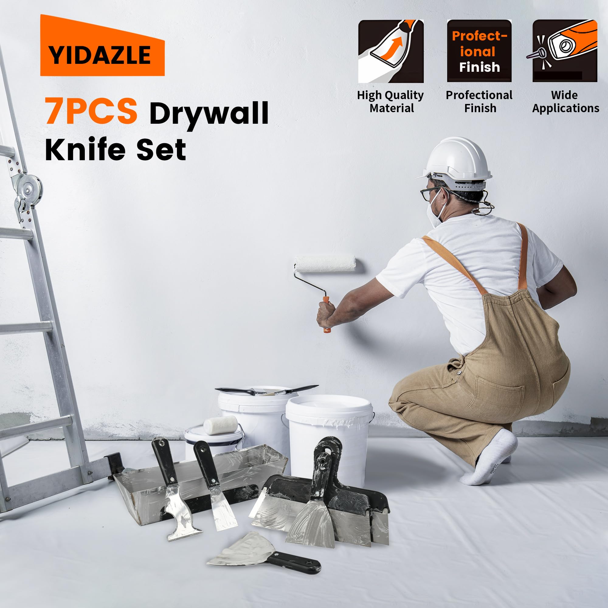 7PCS Drywall Knife Set - Stainless Steel 2” 3” 4” 6” 10” 12” Putty Knives, Taping Knives & Painter Scraper with 12” Mud Pan - Professional Spackle Tool Kit for Drywall Repair, Patching & Painting Projects - Perfect for Home Renovation, DIY Projects & Professional Construction Work
