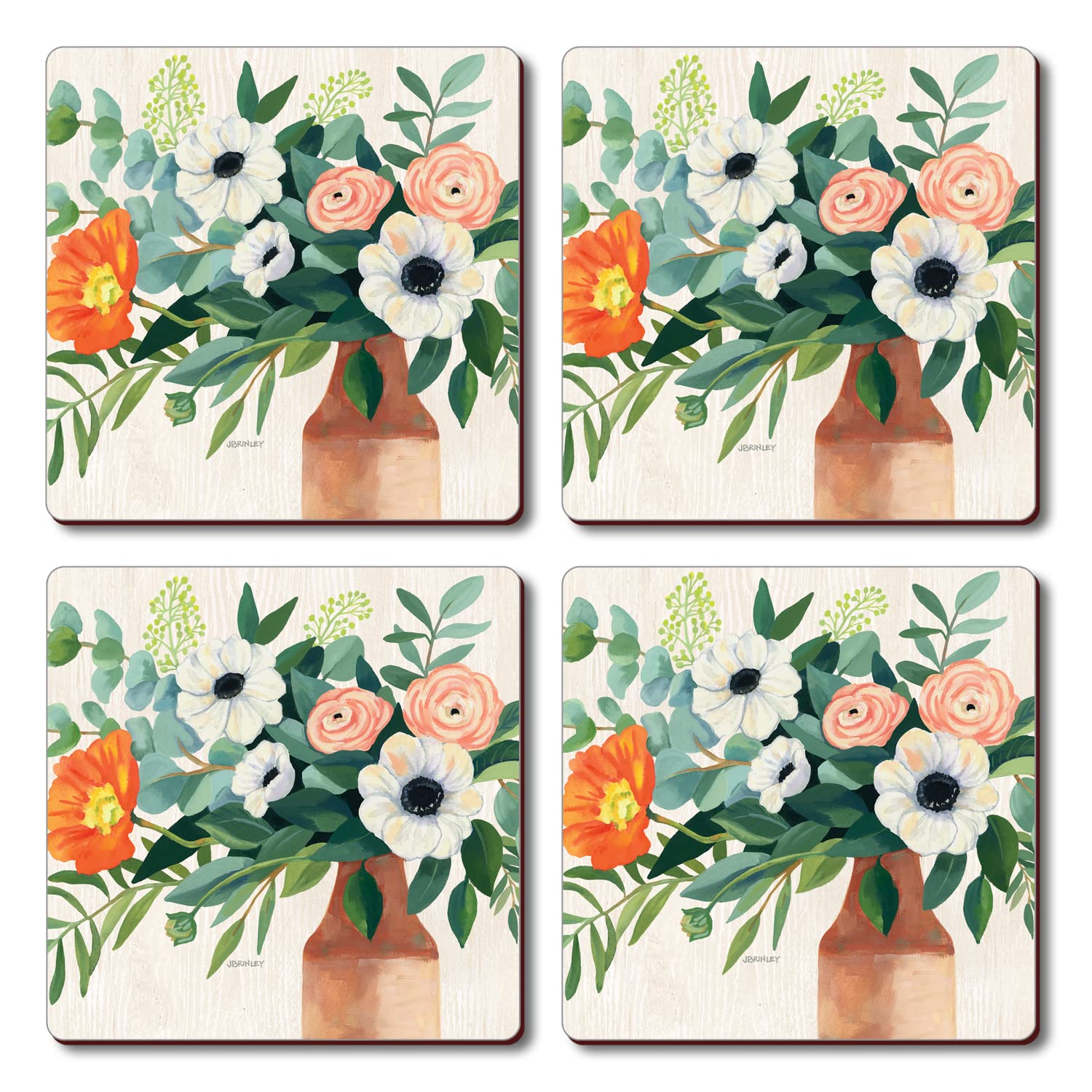 4 Pack Cala Home Poppy Vase Hardboard Cork Back Coasters - Heat Resistant, Easy to Clean, Made in USA - Perfect for Dining Tables, Coffee Bars & Home Decor