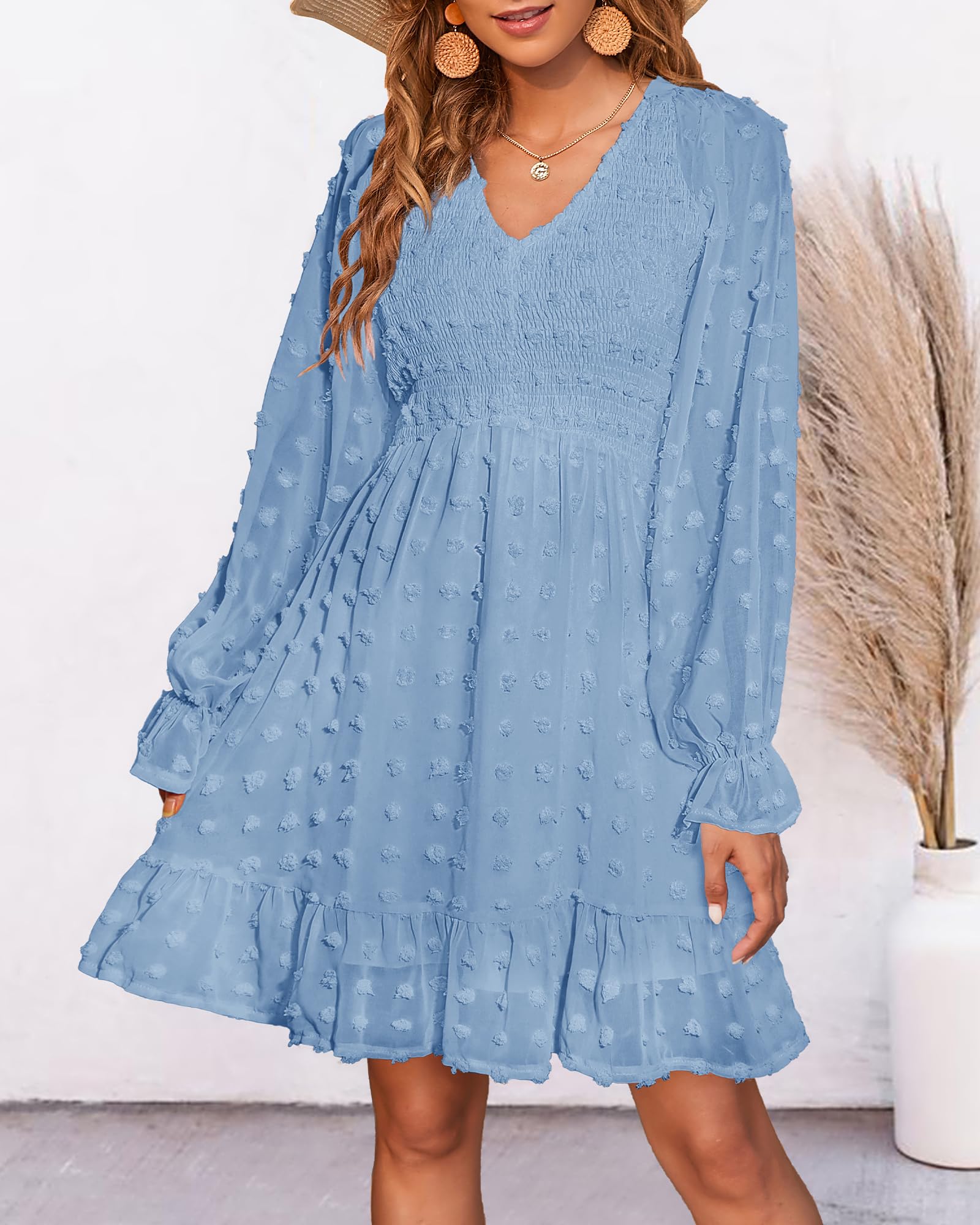 BTFBM Women's Smocked Short Dress - V Neck Long Sleeve Swiss Dot Ruffle Chiffon Flowy Mini Dress for Spring Summer 2025 | Casual Party, Wedding Guest, Date Night Outfit