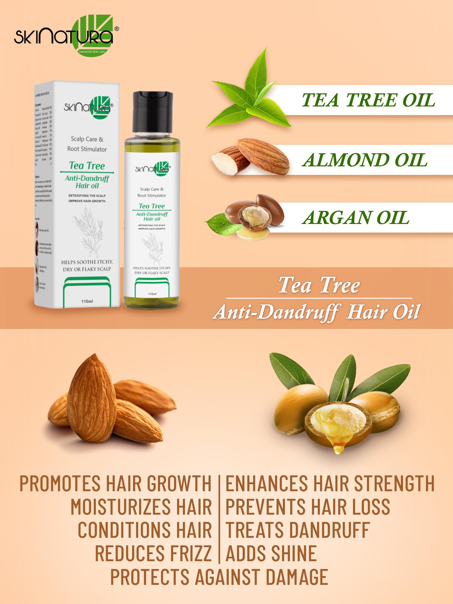 Organic Tea Tree Anti-Dandruff Hair Oil for Scalp Care & Hair Growth - 12 Natural Oils Blend (110ml) - Soothes Itchy Scalp & Promotes Stronger Hair for Men & Women