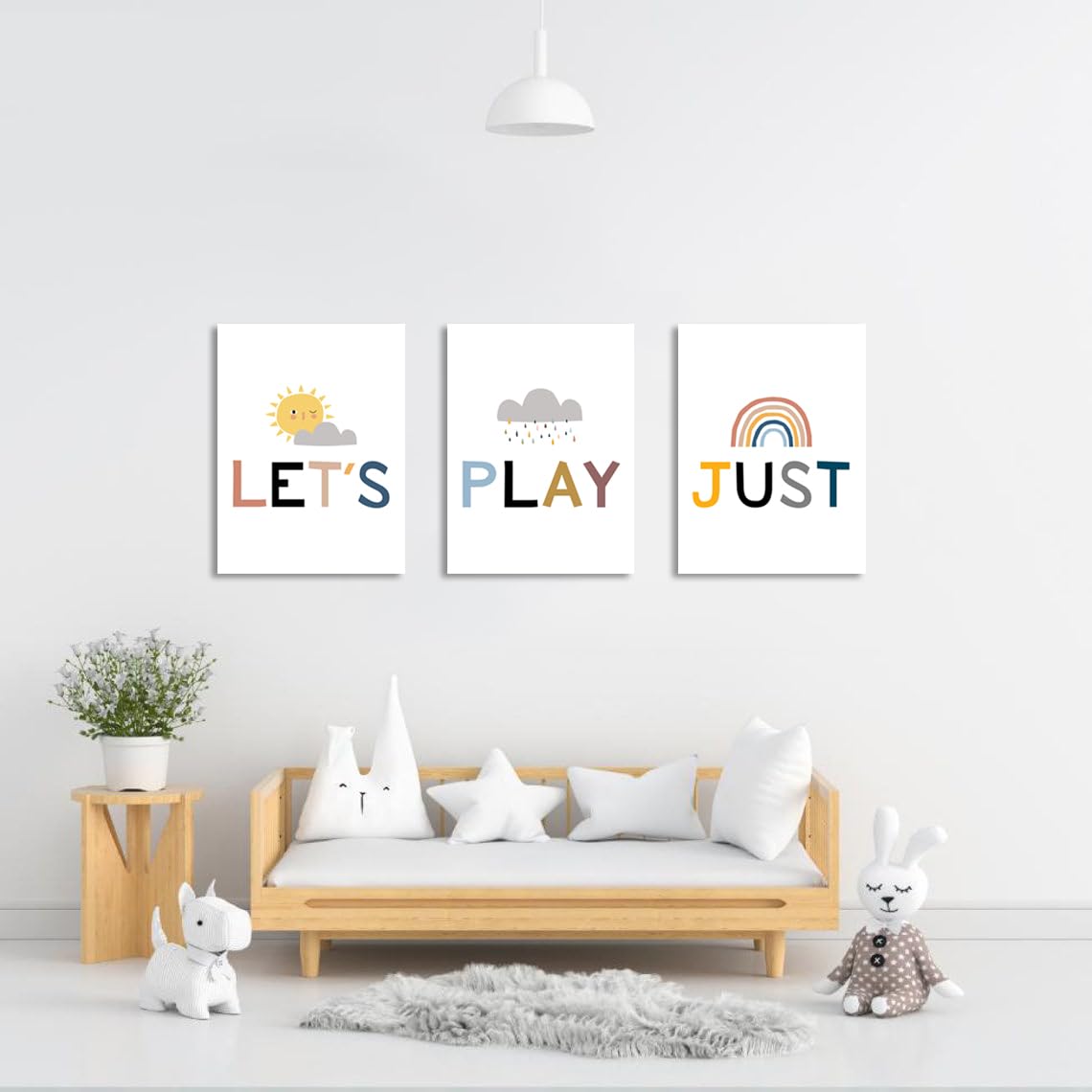 Kids Playroom Wall Decor - Playroom Sign & Let's Just Play Poster - Framed Classroom & Children's Room Art - Easy to Hang Playroom Wall Art for Bedrooms, Daycares & Preschools