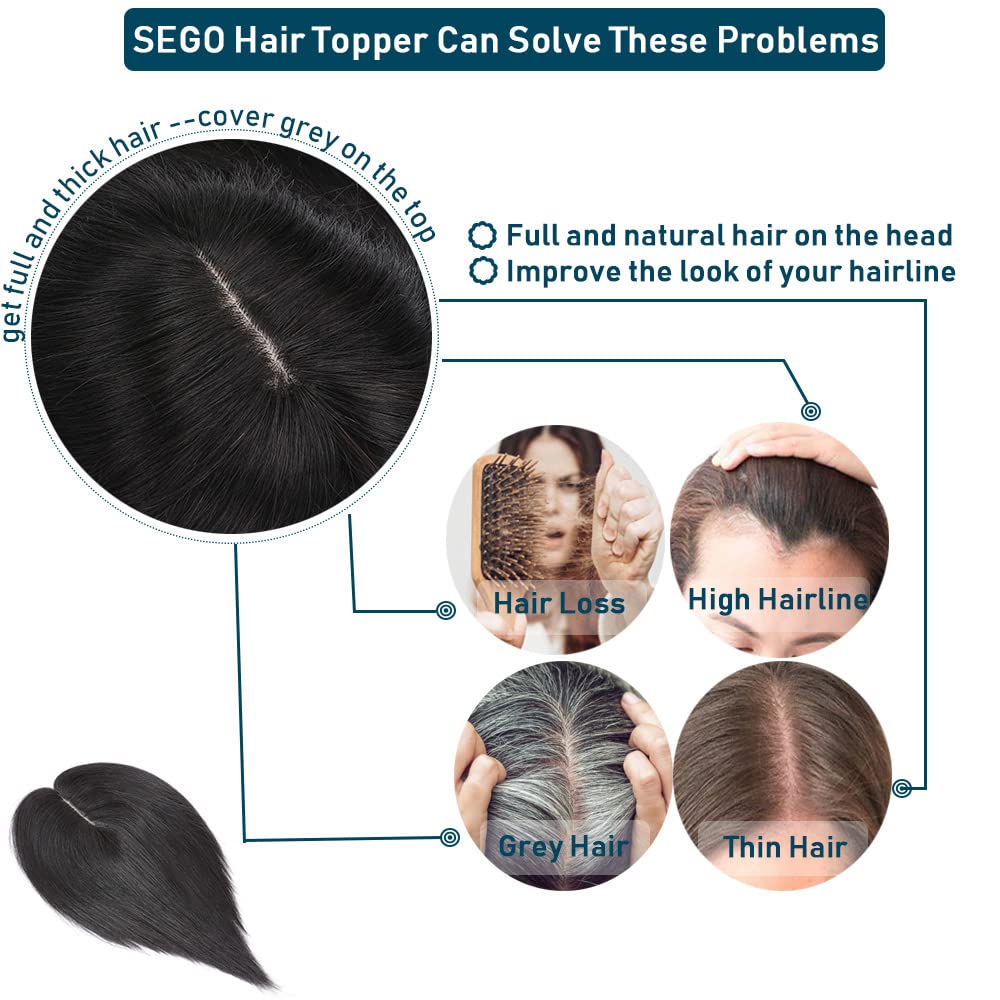 SEGO 100% Real Human Hair Toppers for Women - No Bangs Clip-in Hairpiece for Thinning Hair, 150% Density Silk Base with 3 Clips - Perfect for Hair Loss Coverage & Gray Hair Concealment (Great for Daily Wear, Special Occasions & Confidence Boosting)