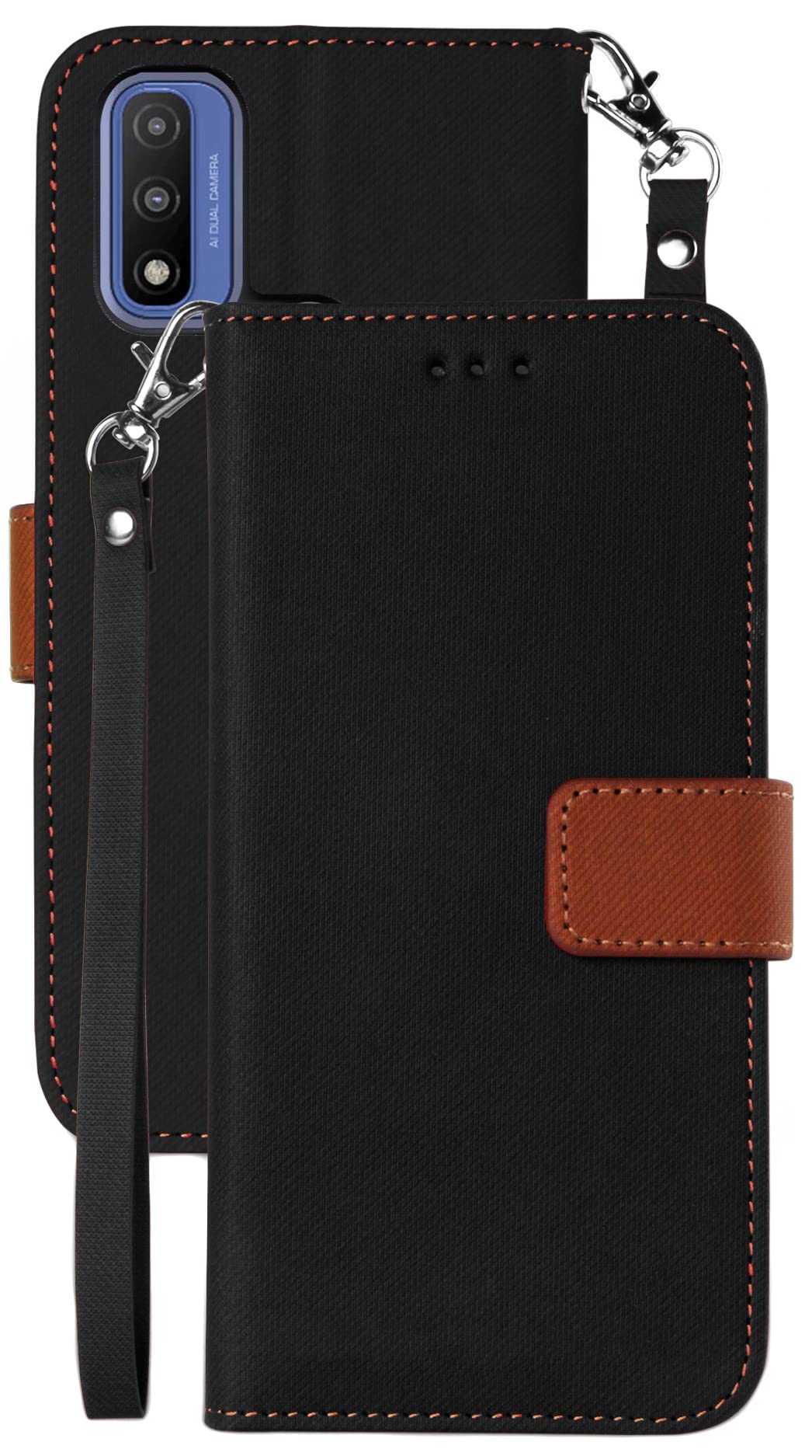 Motorola Moto G Pure 2021 Wallet Phone Case with Credit Card Slots & ID Holder - Black/Brown Folio Cover with Magnetic Closure, Wrist Strap & Kickstand | Perfect for Hands-Free Viewing, Daily Commute & Secure Storage