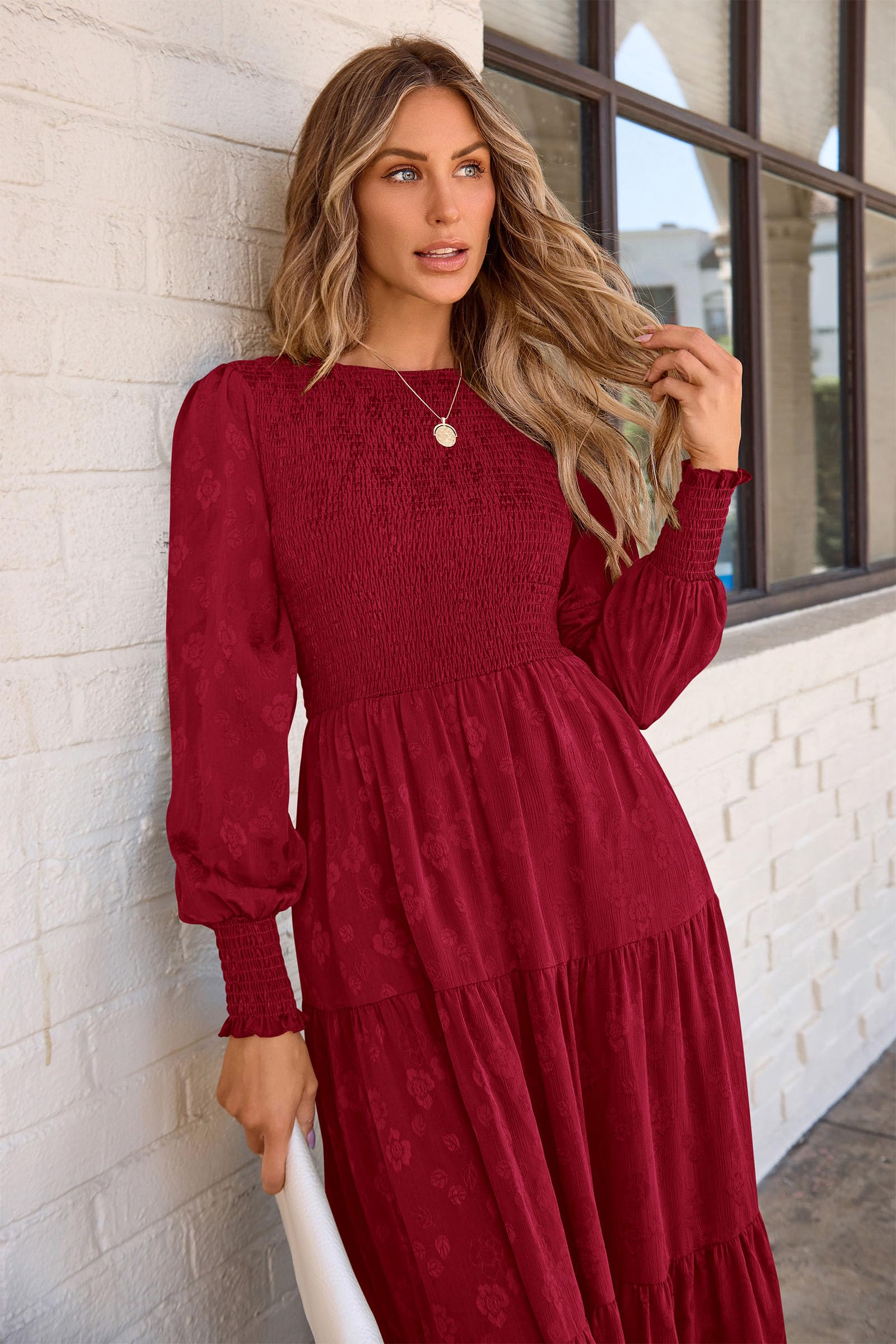 PRETTYGARDEN Women's Floral Midi Dress with Long Sleeves & Pockets - Elegant Smocked Waist Wedding Guest Dress for Spring & Fall | Perfect for Bridal Showers, Garden Parties & Formal Events