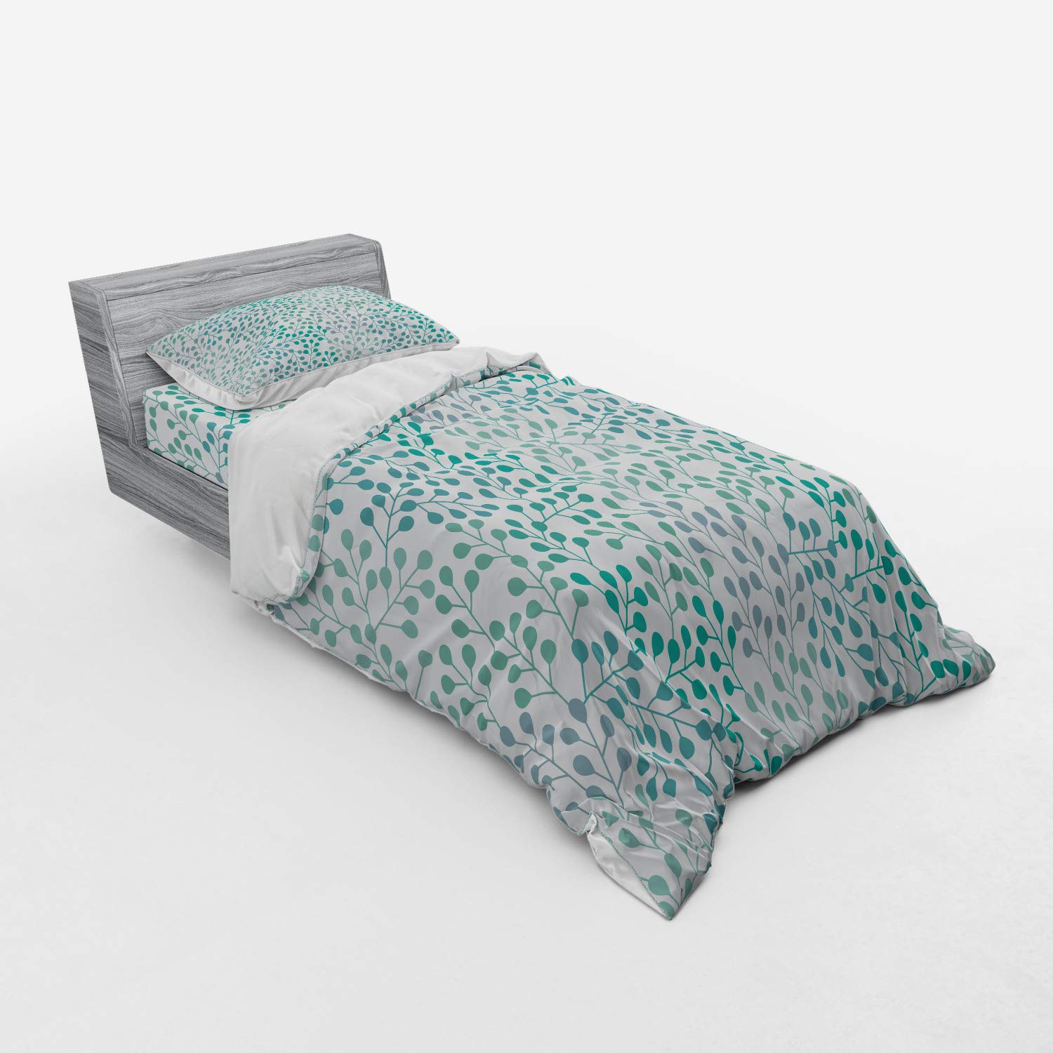 Ambesonne Romantic Minimalist Duvet Cover Set - 3 Piece Twin Size Bedding with Sham & Fitted Sheet, Teal Slate Blue Branch Print - Perfect for Boho Bedroom Decor & Cozy Home Styling