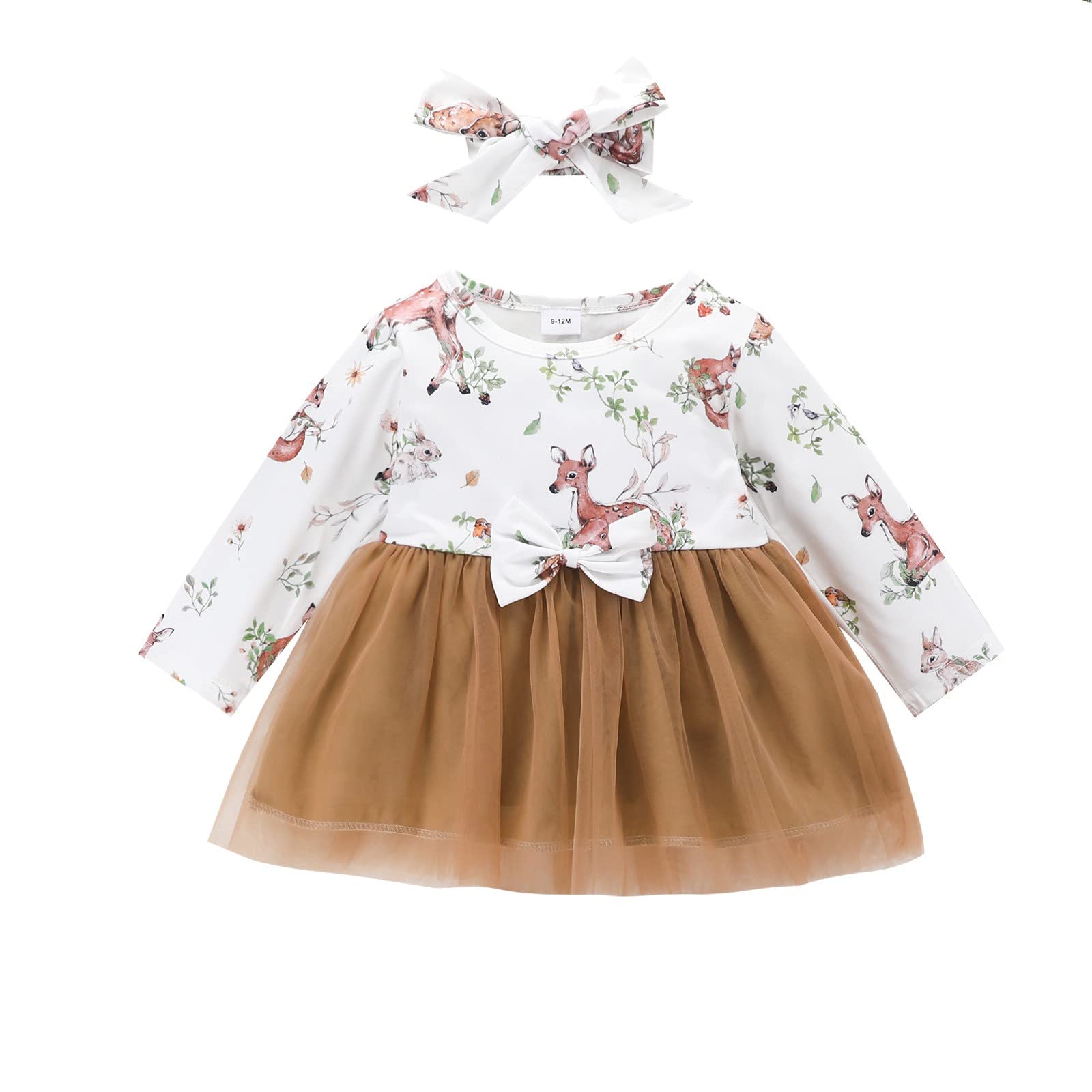 **Deer Print Long Sleeve Tulle Dress for Baby Girls – Toddler Princess Dress with Headband Set – Perfect for Birthday Parties, Holidays & Photo Shoots**
