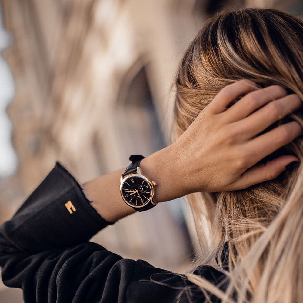 ARIES GOLD URBAN ETERNAL Stainless Steel Women's Watch with Black Leather Strap - Fashion Accessory for Everyday Wear & Special Occasions