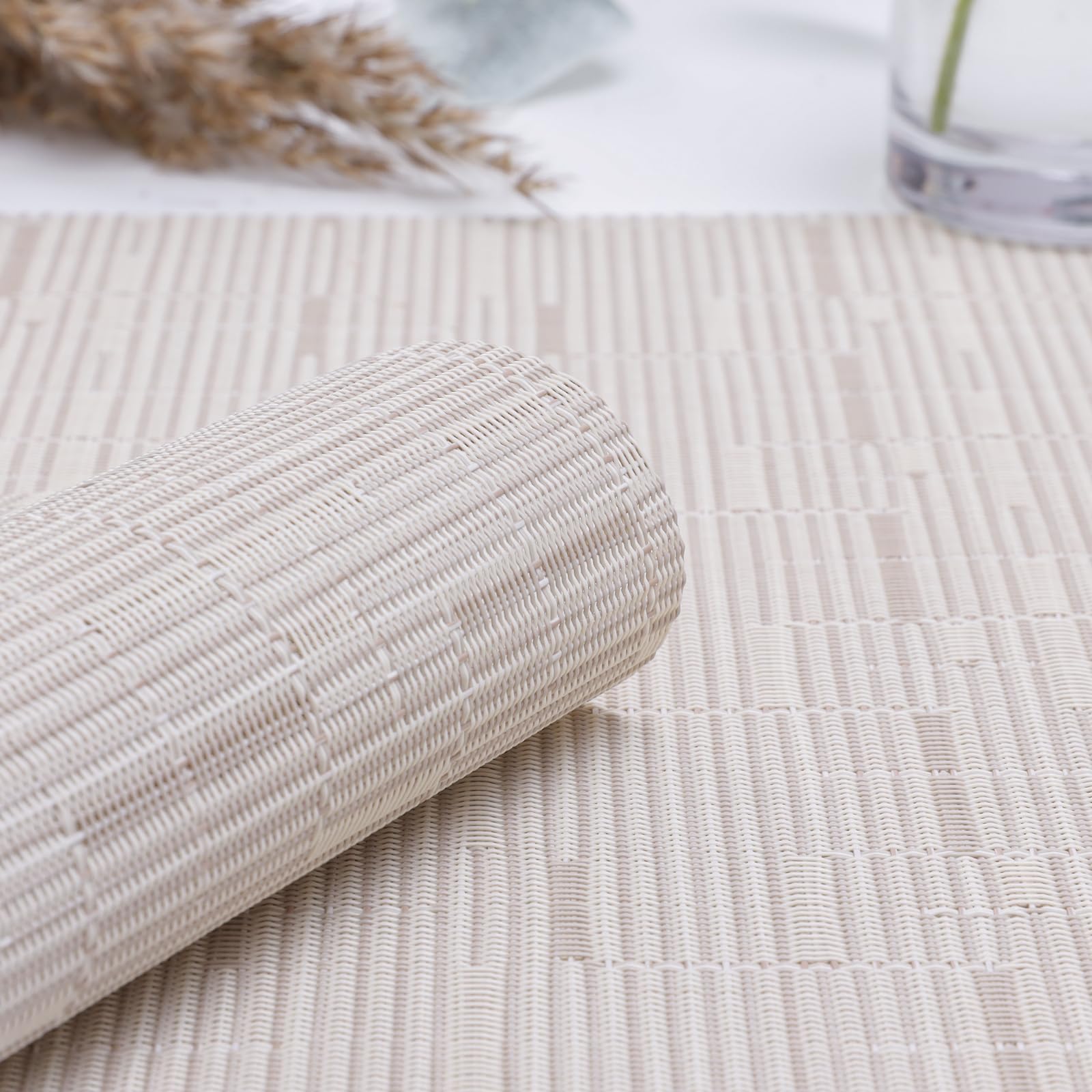 Myir JUN Set of 8 Washable Non-Slip Heatproof Woven Placemats - PVC Fabric Dining Table Mats for Indoor Use (White) | Perfect for Everyday Meals, Dinner Parties & Home Decor