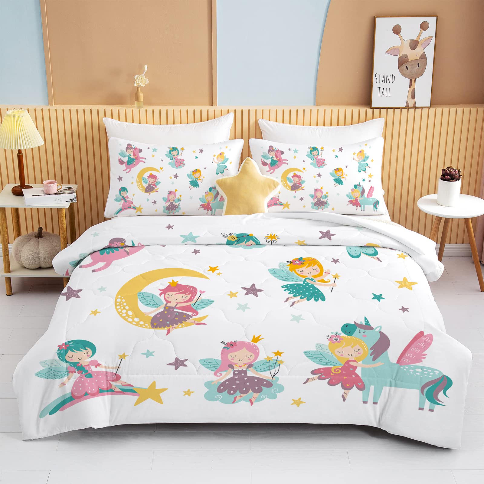 Unicorn Comforter Set for Girls - Twin Size Bedding with Yellow Moon, Stars & Blue Unicorn Design - 3 Piece Set (Comforter + 2 Pillow Shams) - Perfect for Kids' Bedroom, Sleepovers & Fantasy Themed Decor