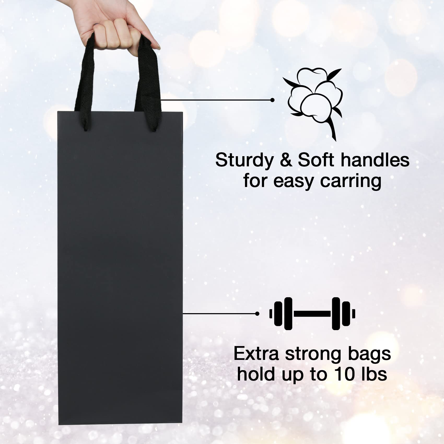 20 Pack Black Wine Gift Bags with Handles - 6x5x15 Inch Bulk Kraft Paper Bottle Bags for Champagne, Liquor & Alcohol Gifts - Perfect for Weddings, Parties & Holiday Presents