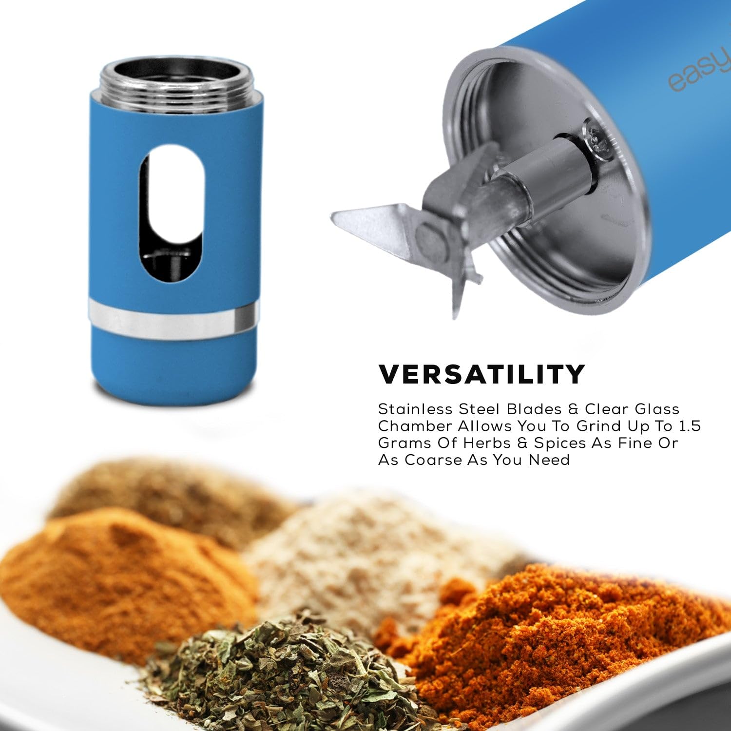 Premium Electric Herb Grinder - Clear Glass with Blue LED Light, Stainless Steel Blades & Pollen Catcher - Perfect for Grinding Coffee Beans, Herbs & Spices - Ideal for Home Kitchen, Camping & Travel Use