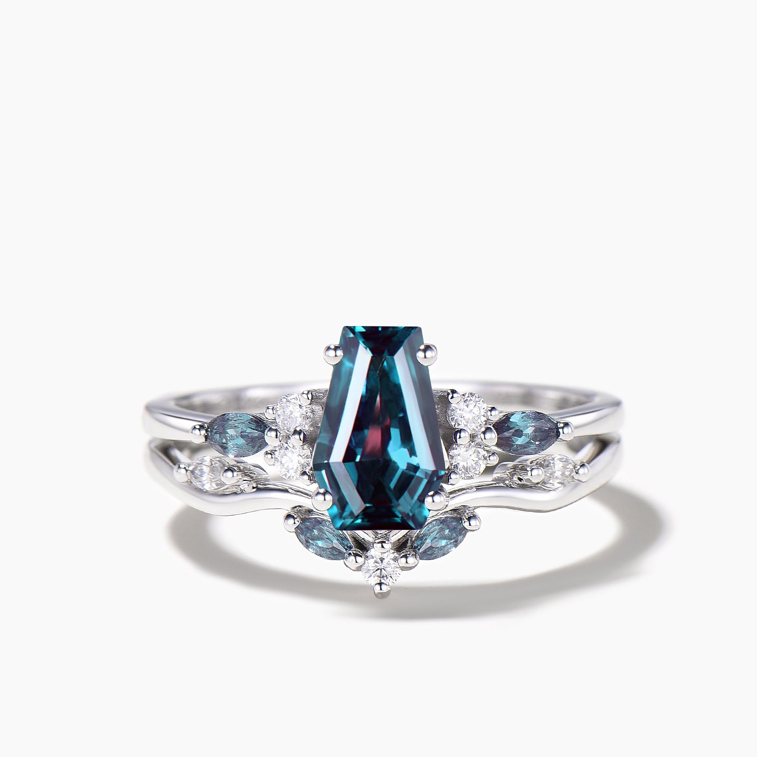 3pcs Coffin Cut Color Changing Alexandrite Diamond Wedding Ring Set for Brides – Perfect for Engagement, Anniversary & Special Occasions