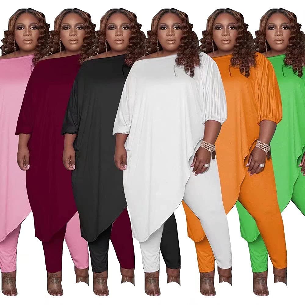 **Plus Size Women's Tracksuit Sets - Long Sleeve Asymmetrical Top & Bodycon Pants | Casual Workout & Lounge Wear for Comfort & Style**