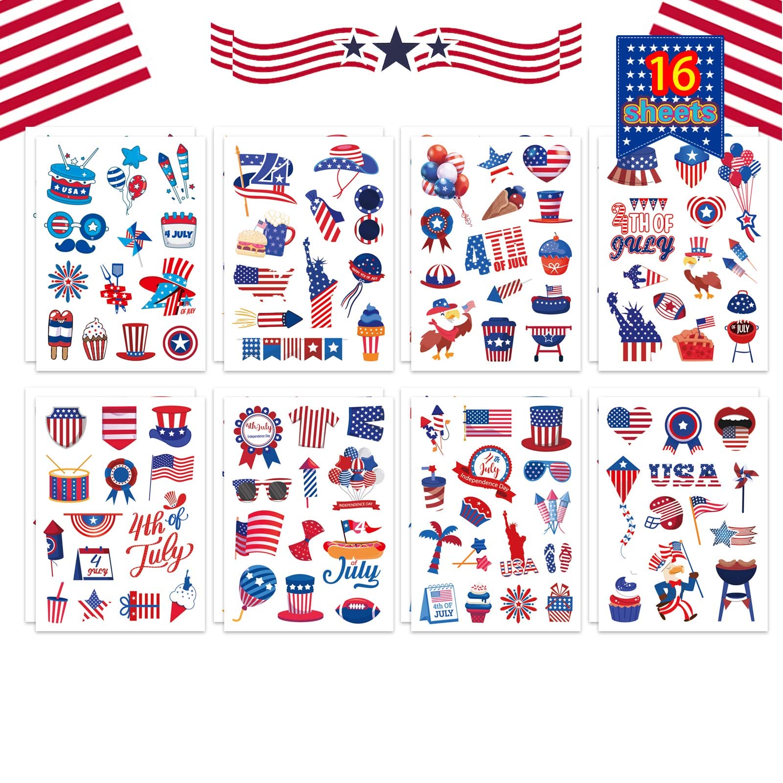 16 Sheets 4th of July Patriotic Stickers for Kids - Independence Day Red White Blue Craft Stickers, Party Favors & Face Stickers for Memorial Day Celebrations - Perfect for DIY Crafts, School Projects & Holiday Party Decorations